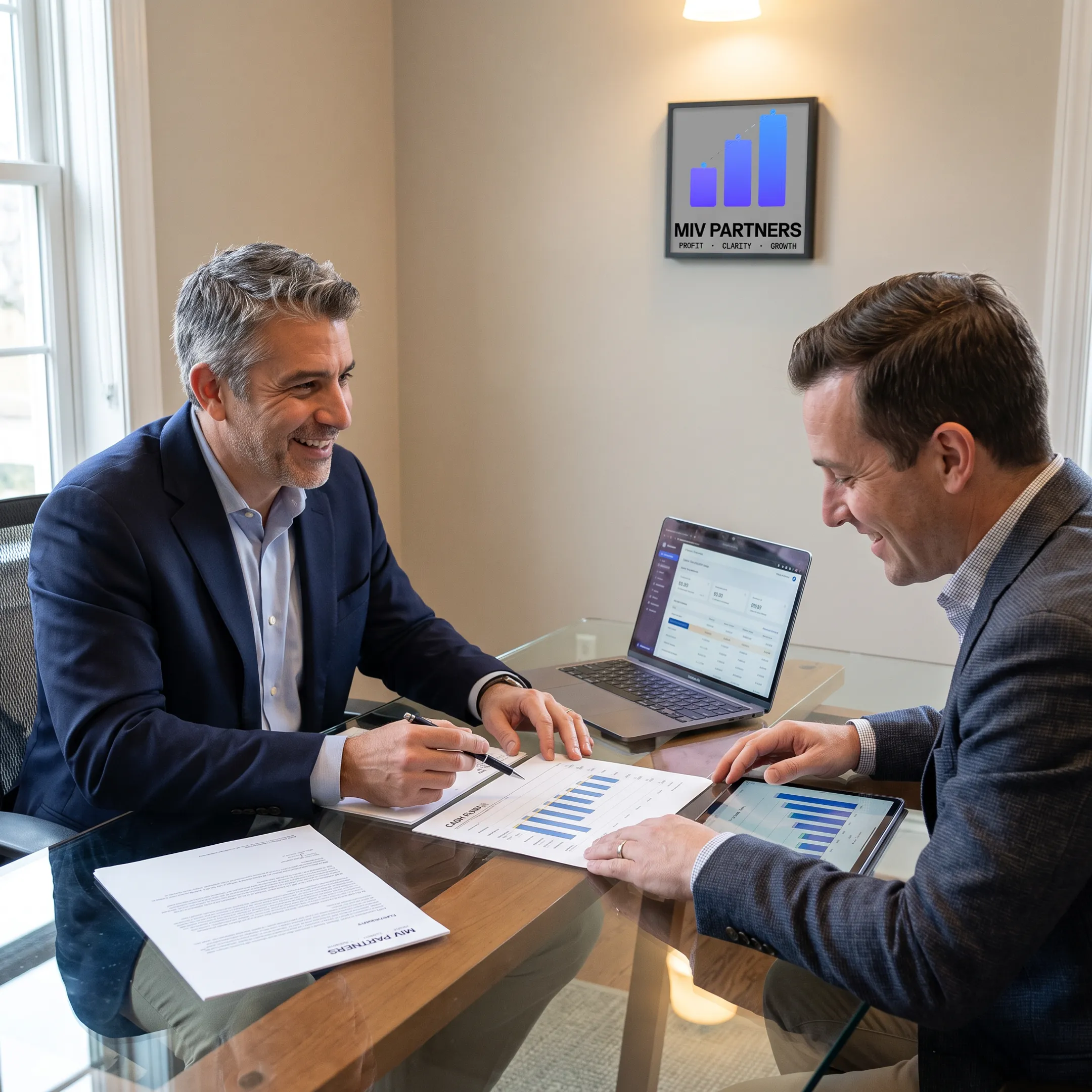 CFO advisor reviewing financial reports with a business owner
