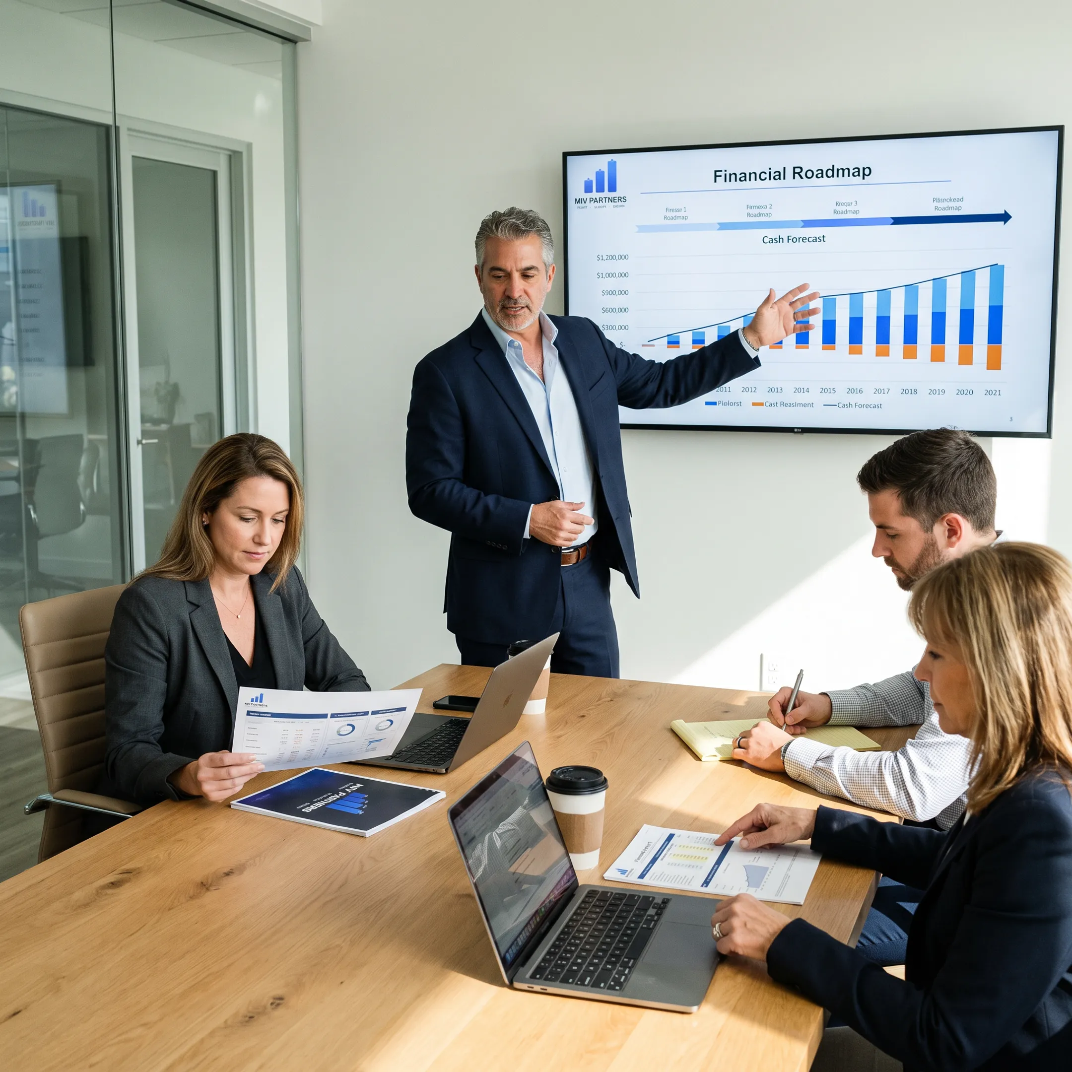 Business advisor presenting financial roadmap to leadership team