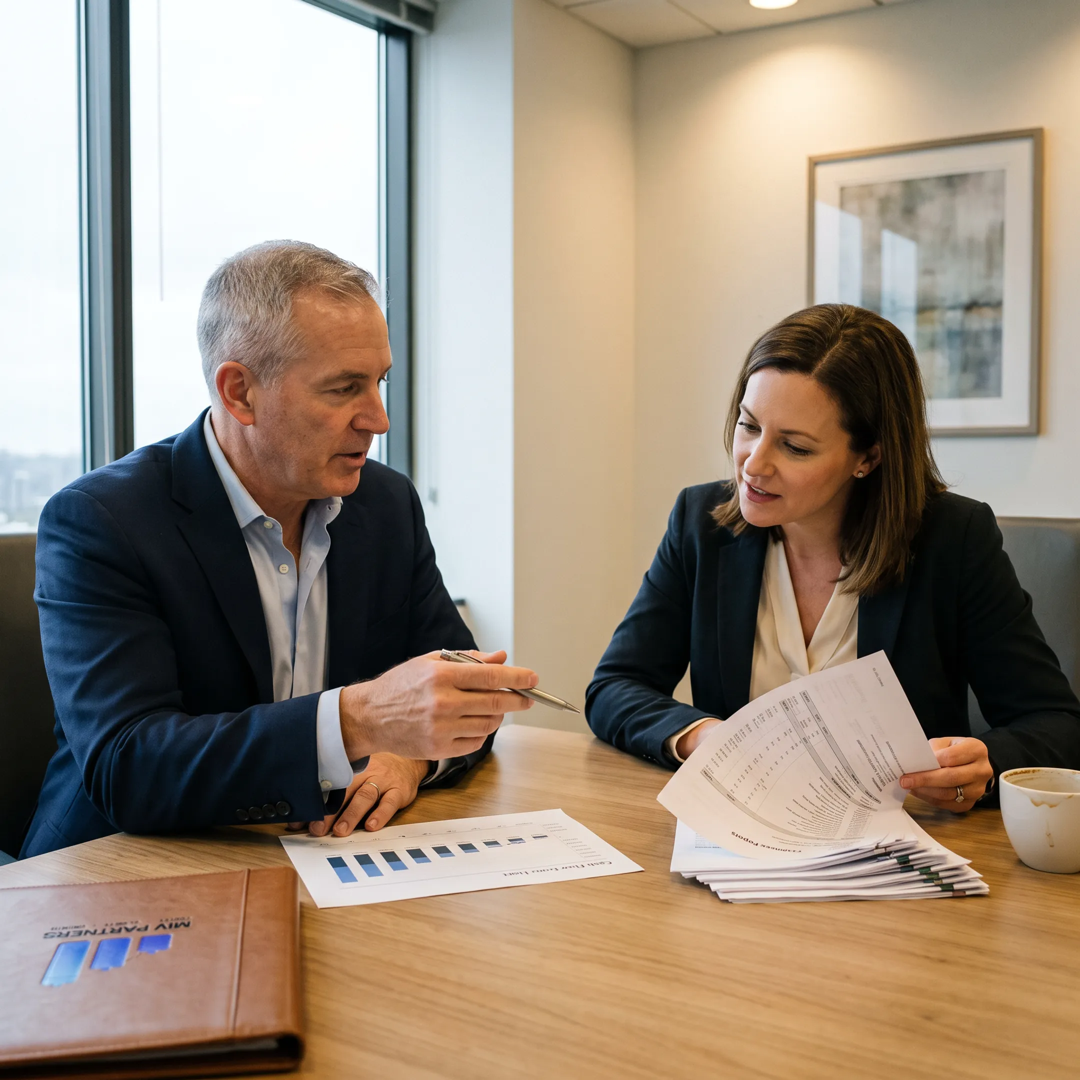 Business owner reviewing cost reduction data with CFO advisor