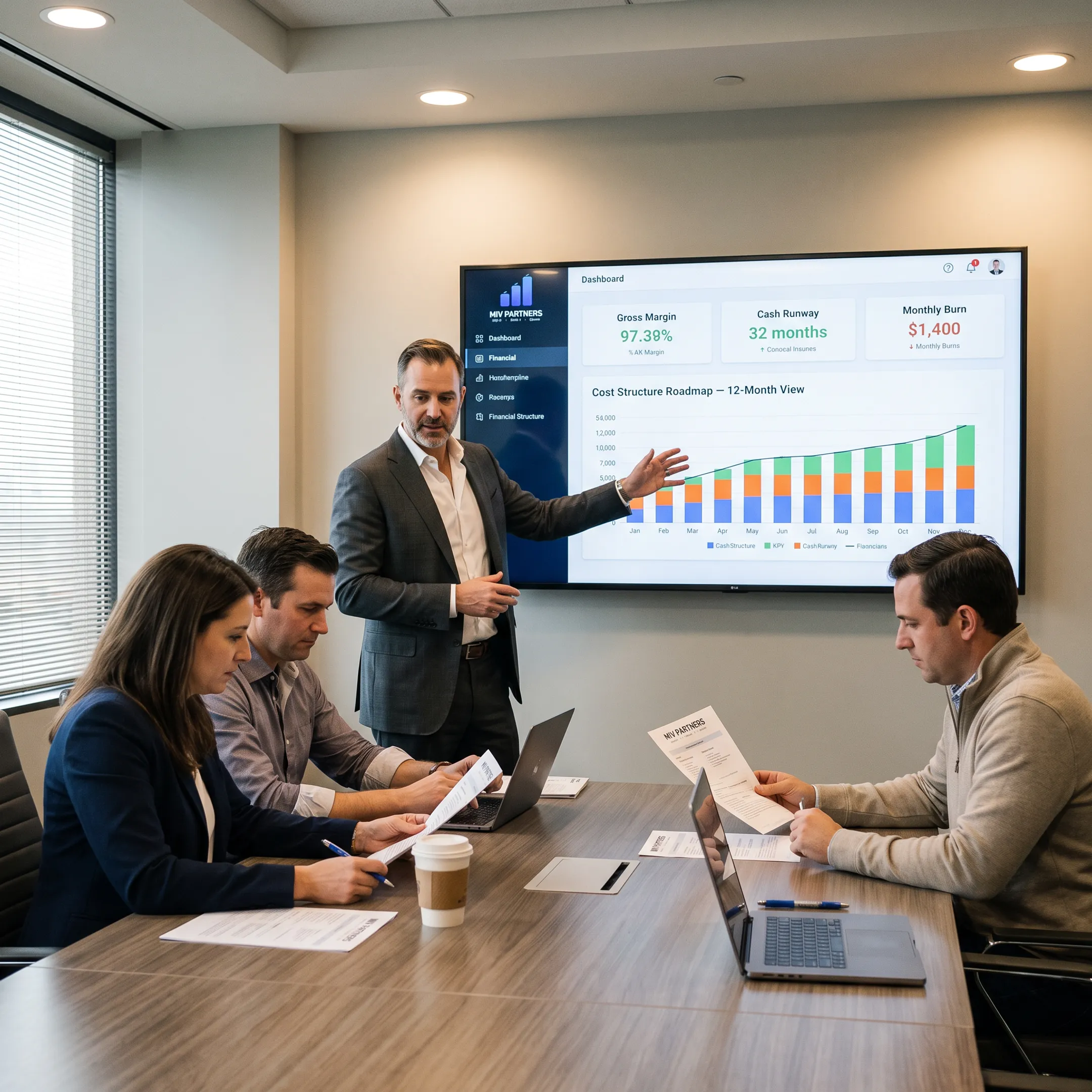 CFO advisor presenting a financial roadmap to a founder