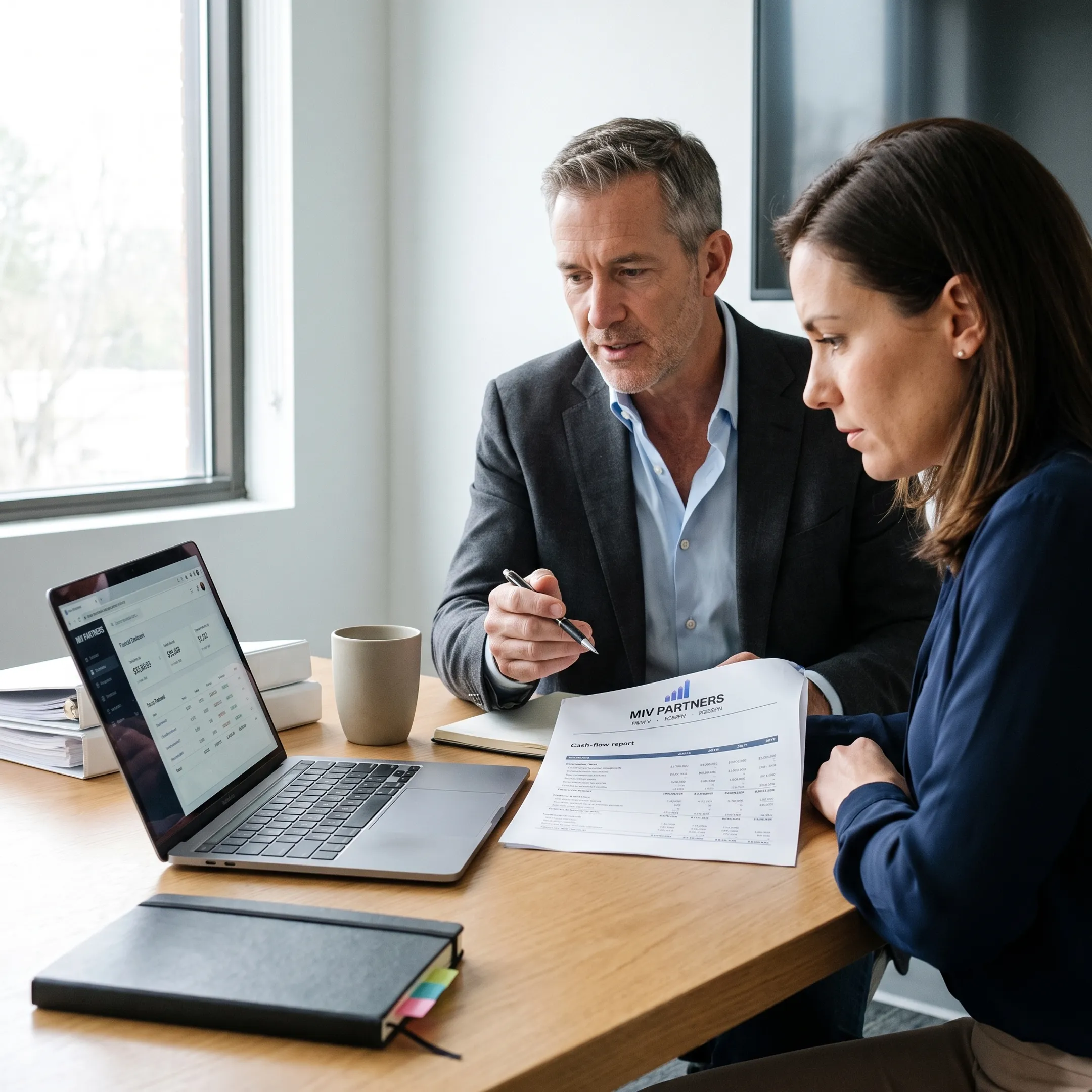 CFO advisor reviewing business financial reports