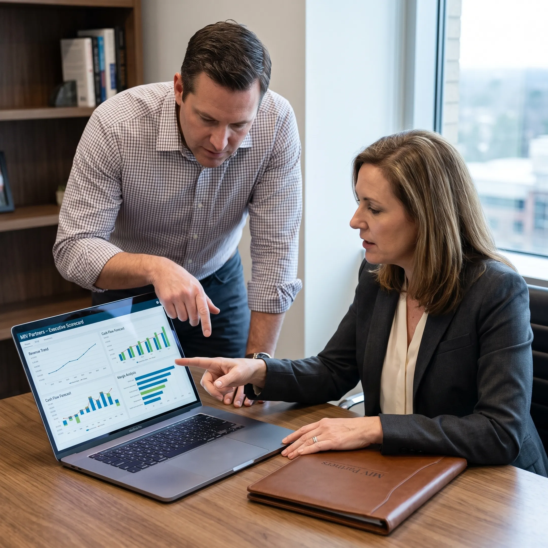 Business founder and CFO advisor reviewing a financial dashboard
