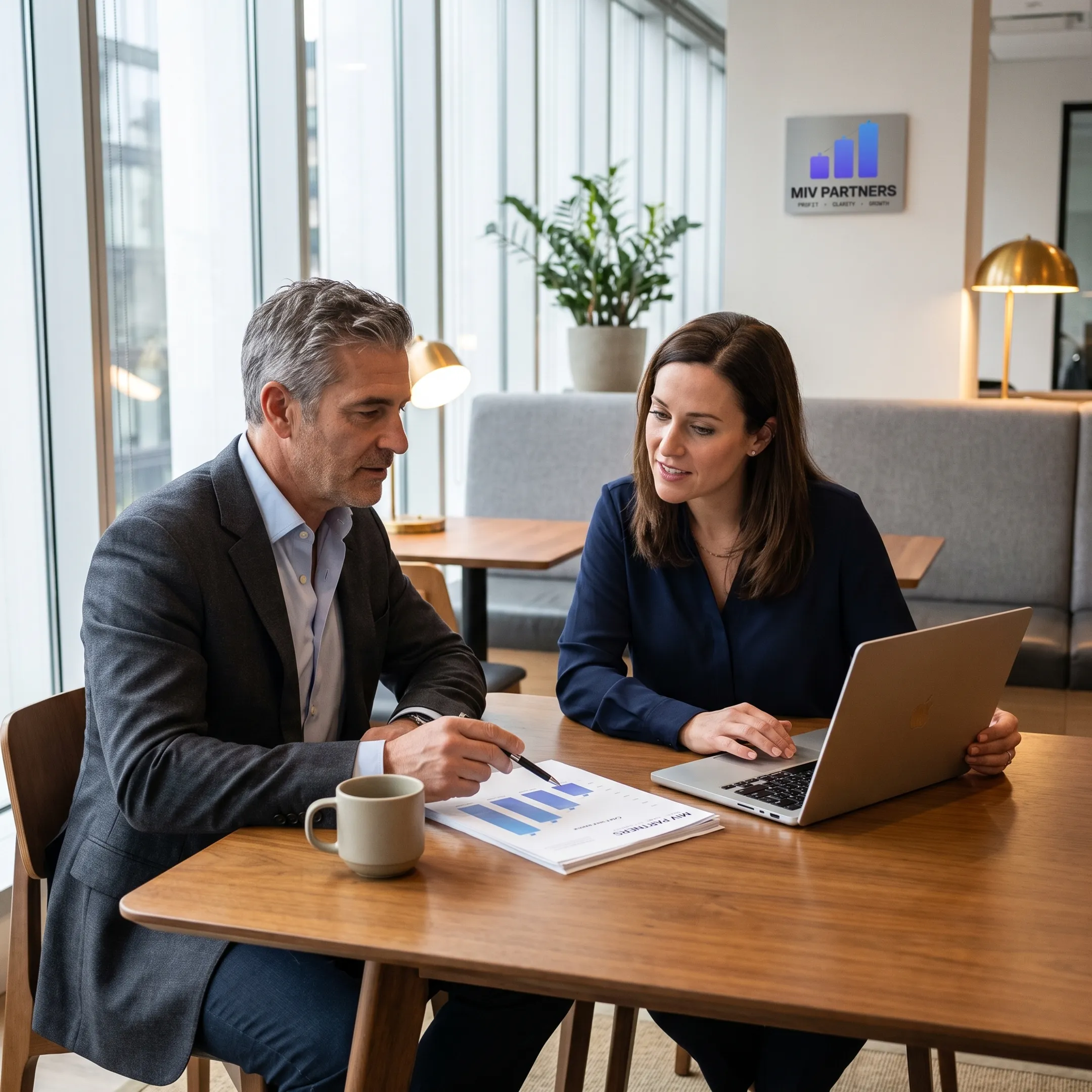 CFO advisor reviewing financial reports with a business owner