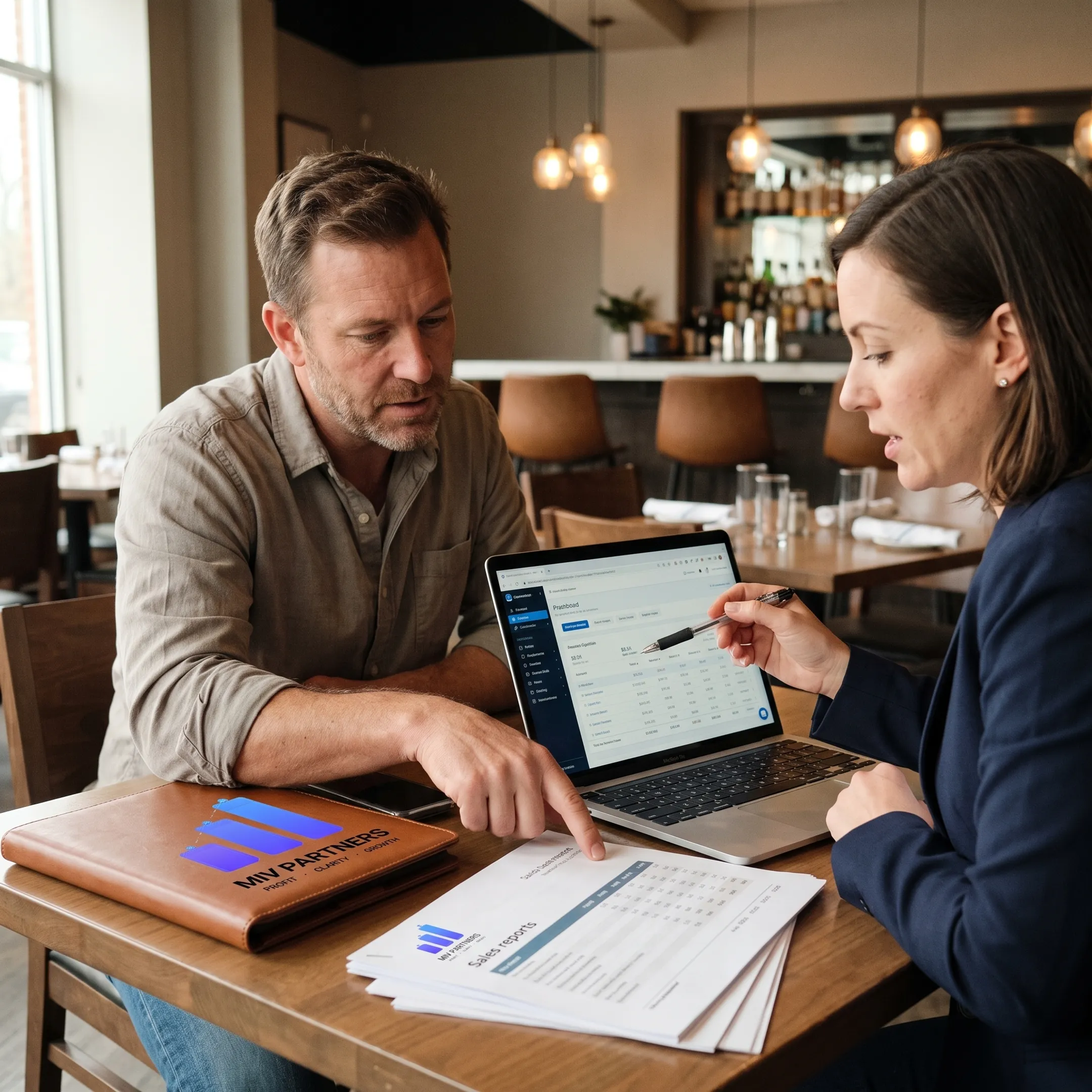 Restaurant owner reviewing financial performance with a CFO advisor