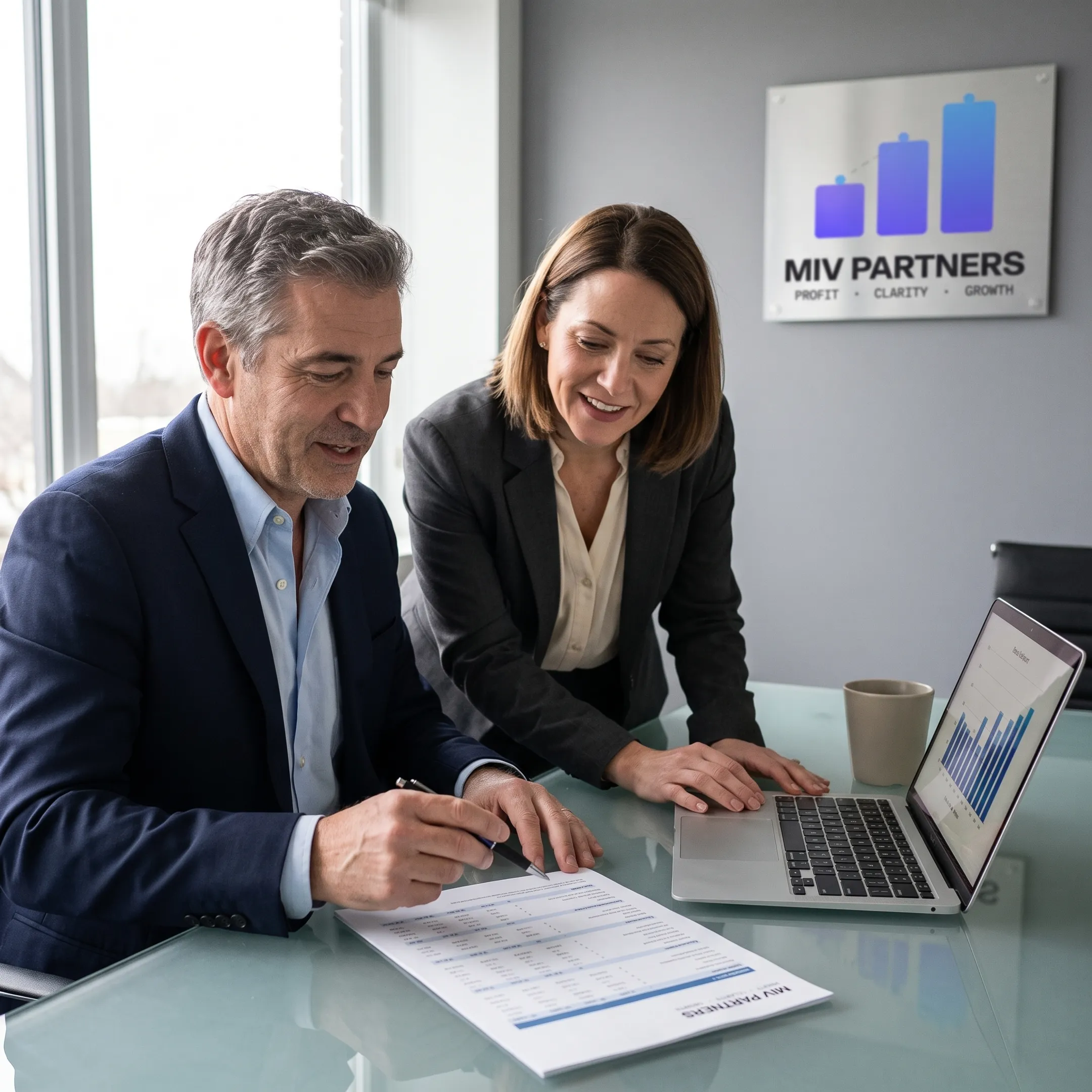 Business advisor reviewing financial performance with a founder