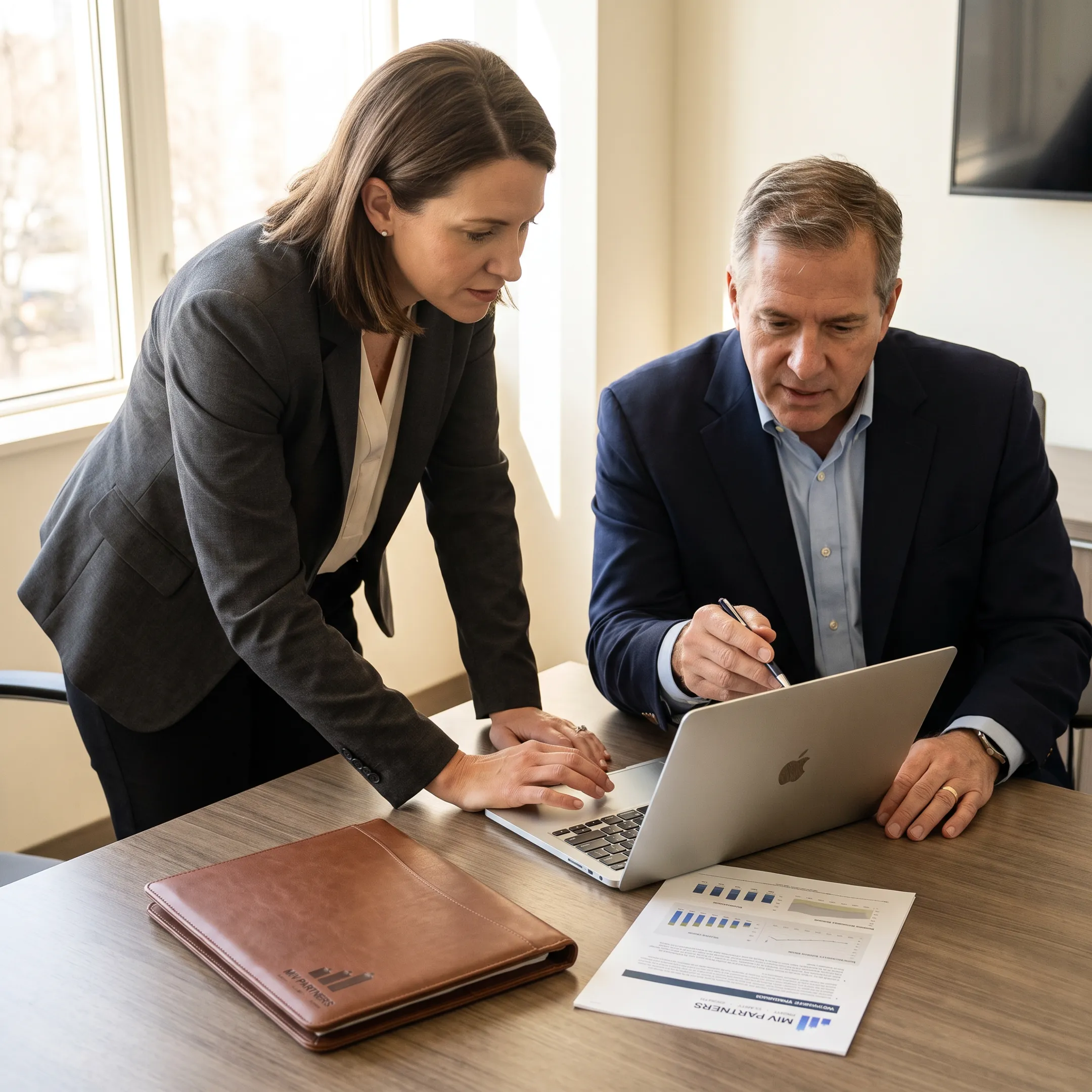 Business owner and CFO advisor discussing a financial roadmap