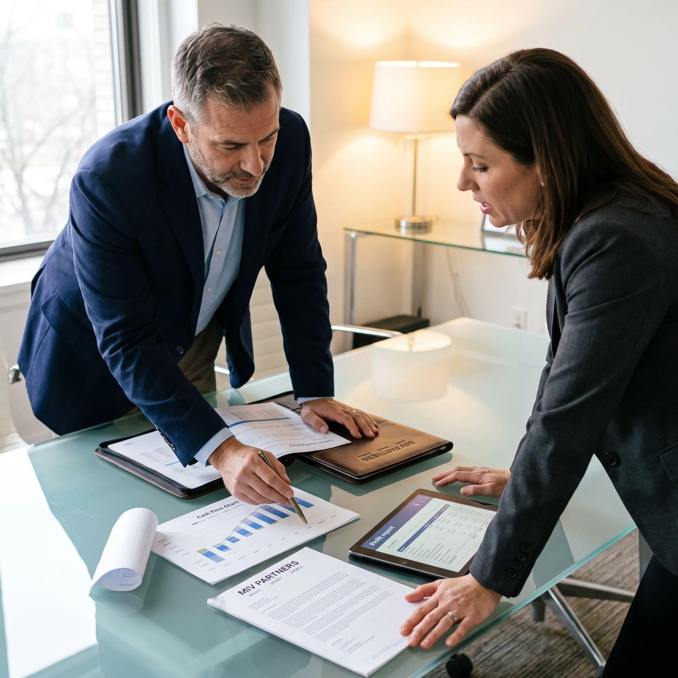 CFO advisor reviewing financial reports with a business owner