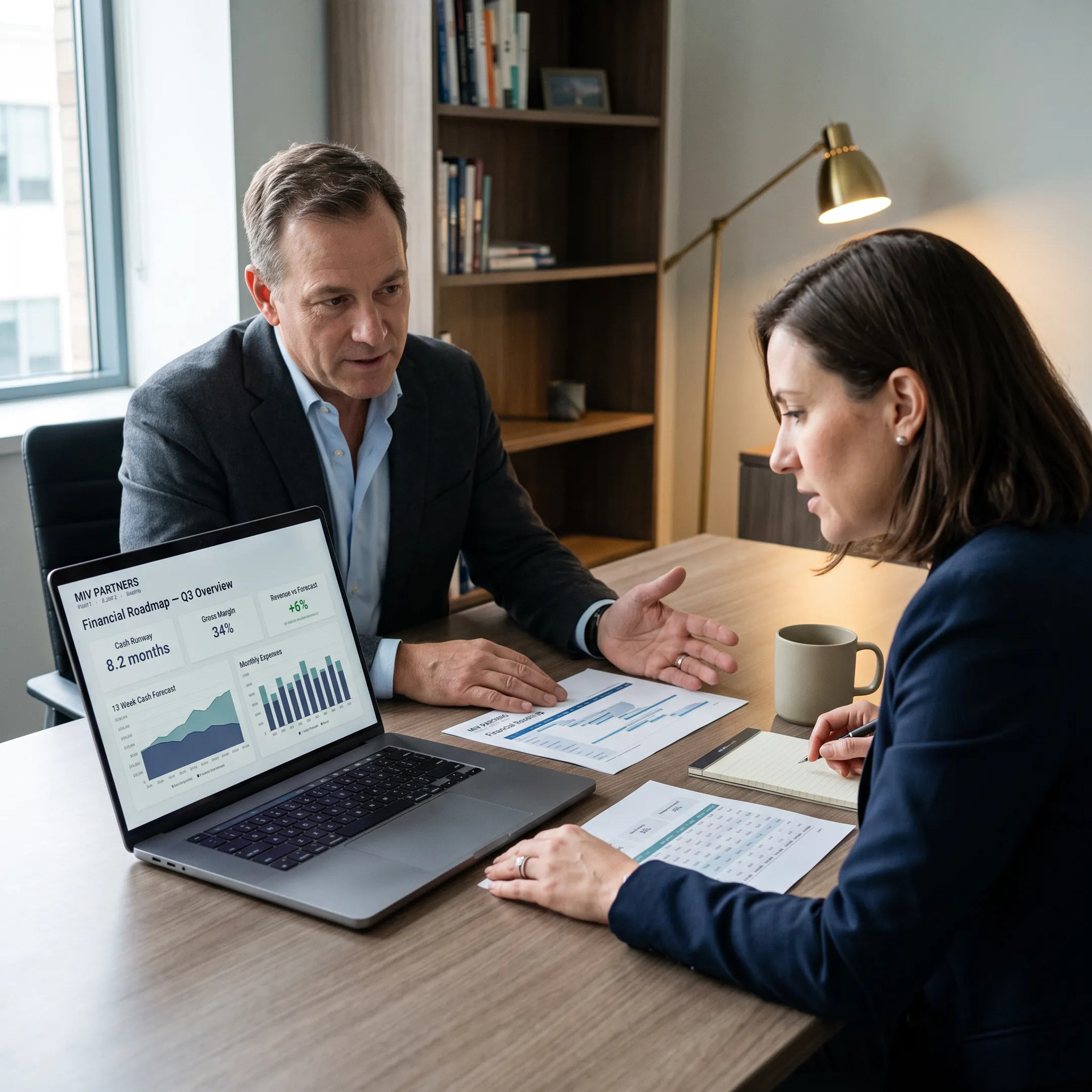 Business owner and CFO advisor discussing financial roadmap