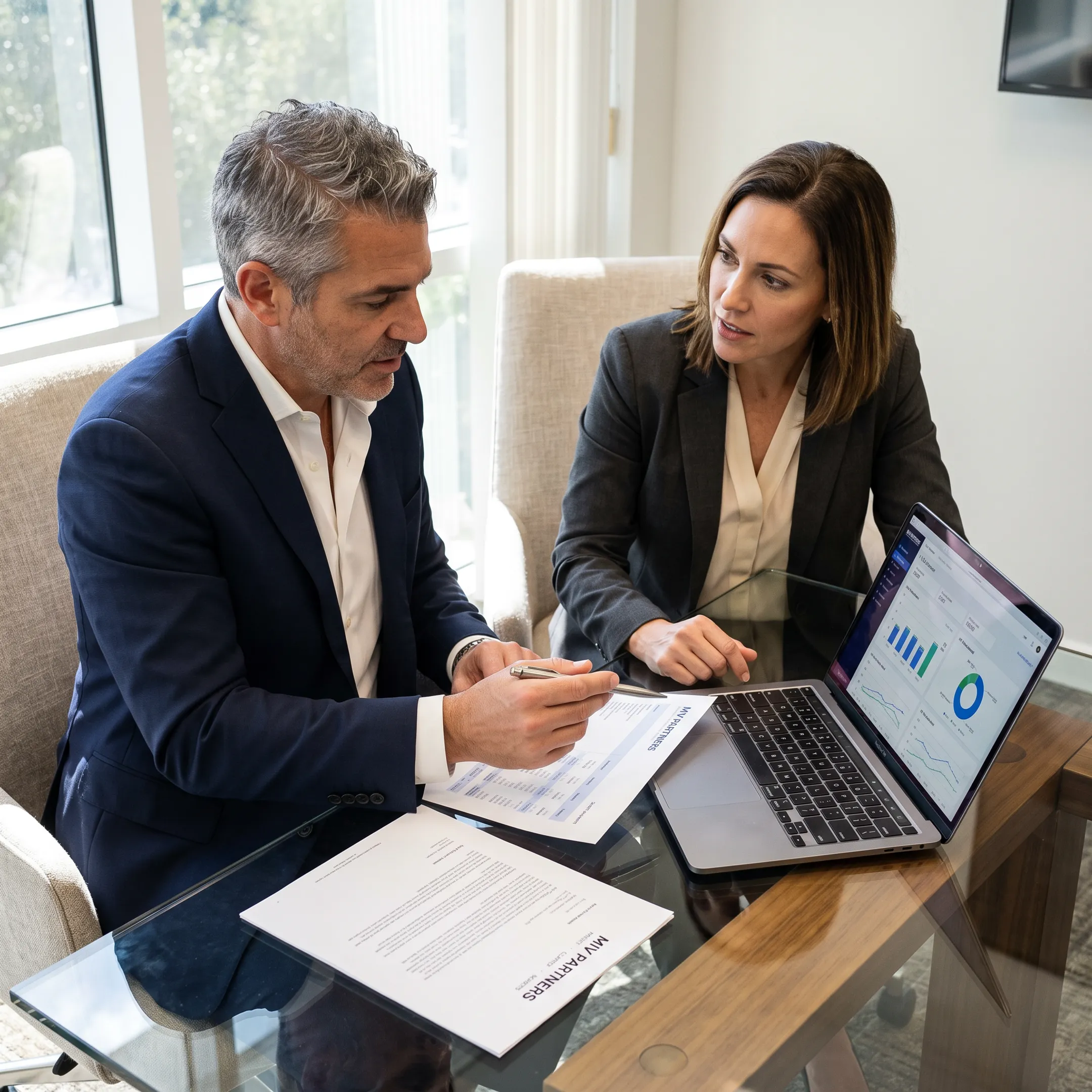 CFO advisor reviewing financial reports with a business owner