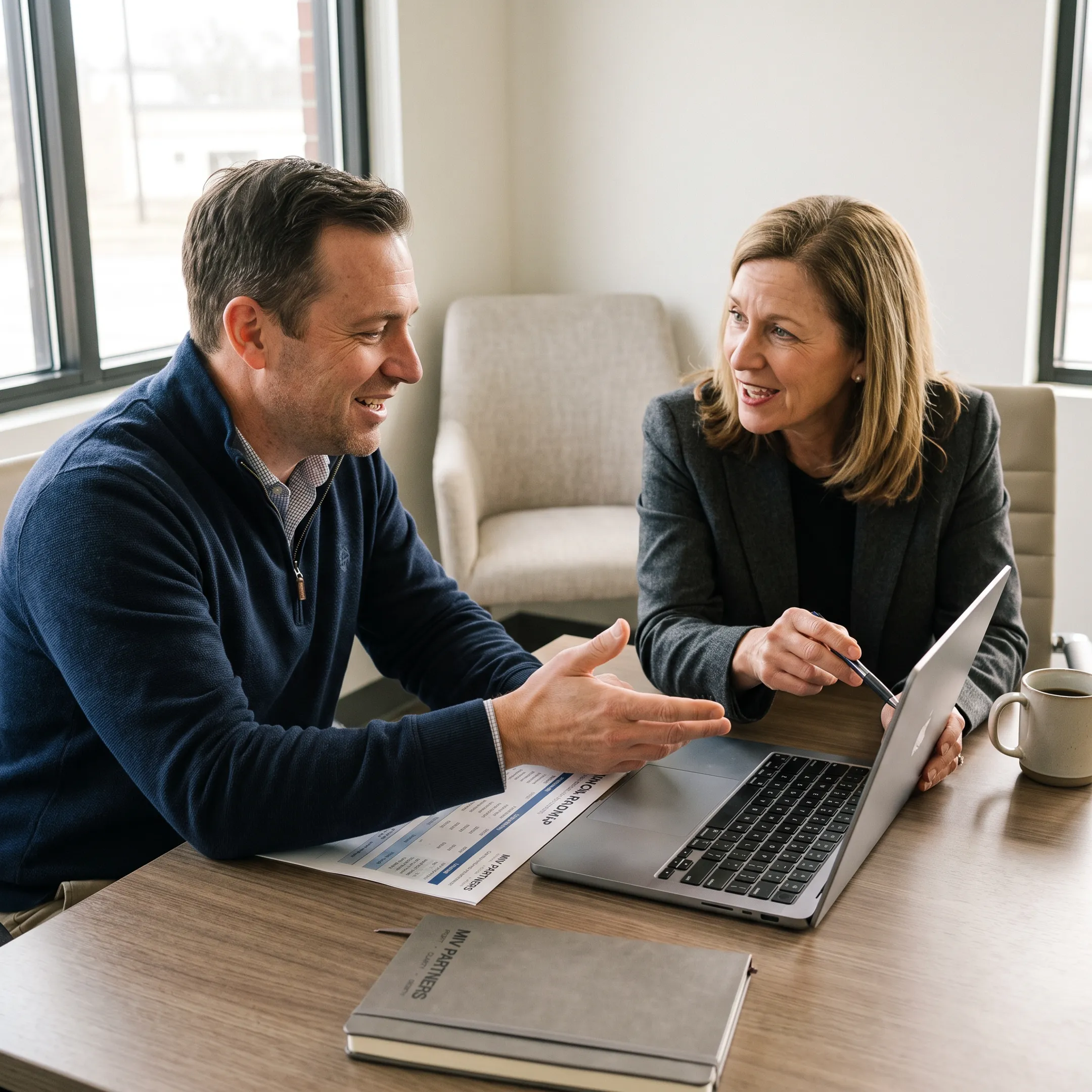 Business owner and CFO advisor reviewing a financial dashboard