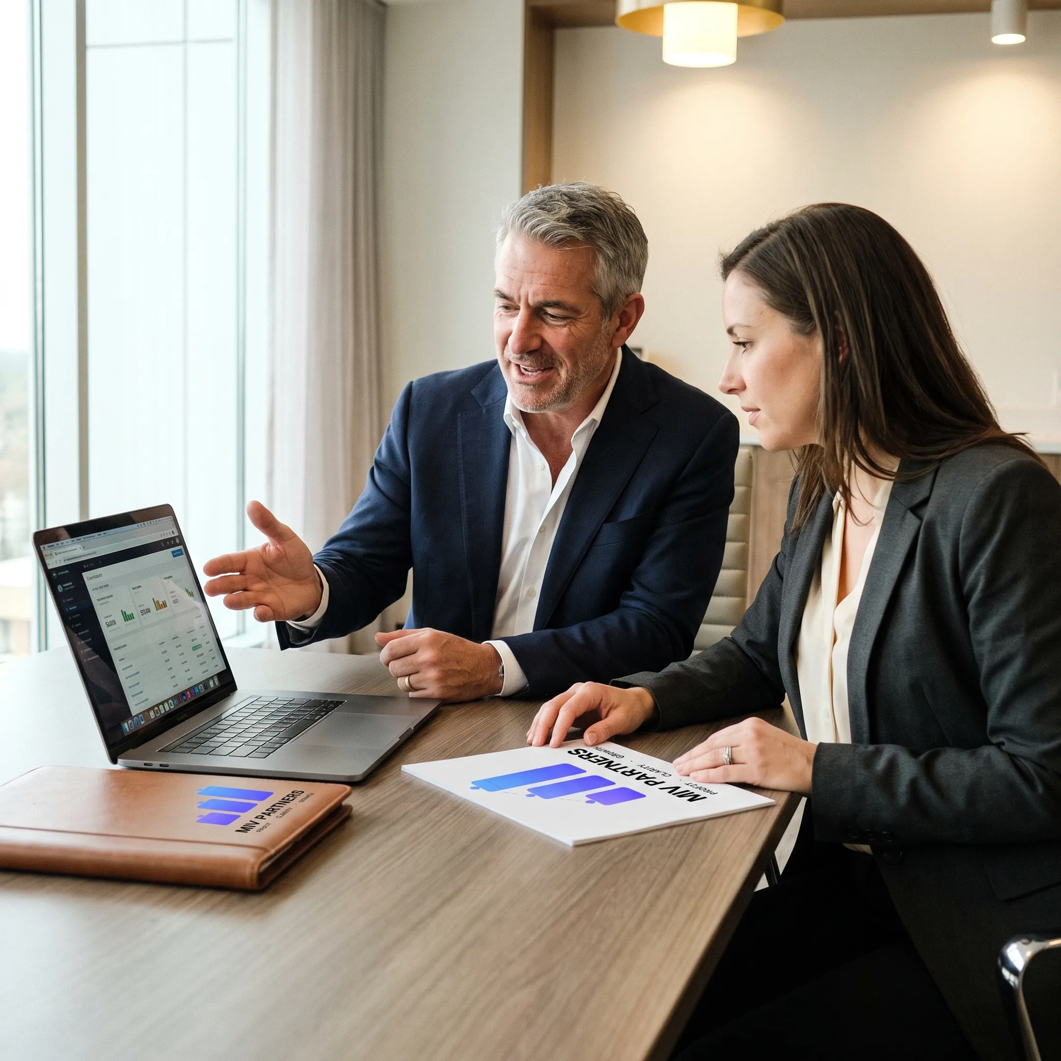 Business owner and CFO reviewing a financial dashboard
