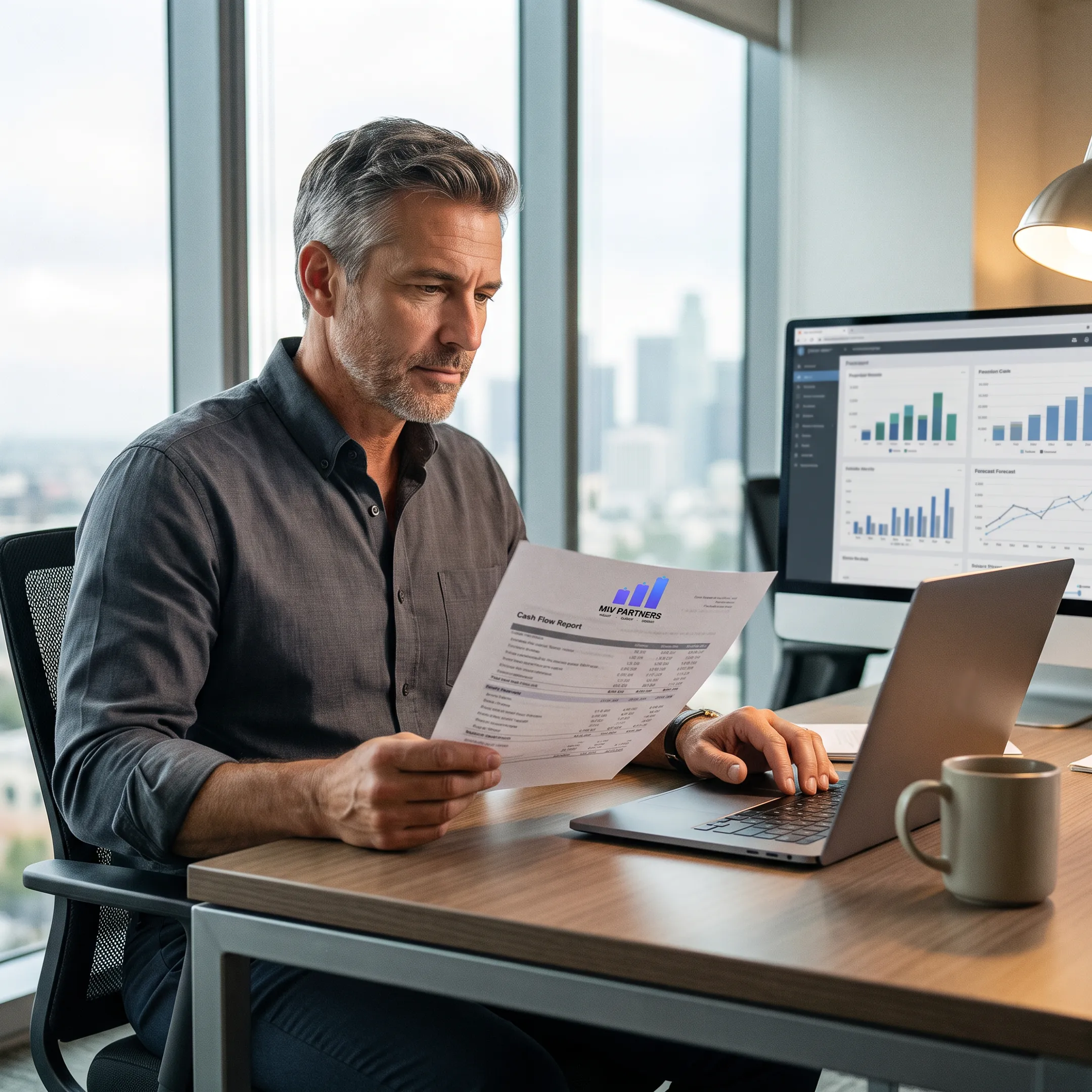 CFO advisor reviewing financial reports with a business owner