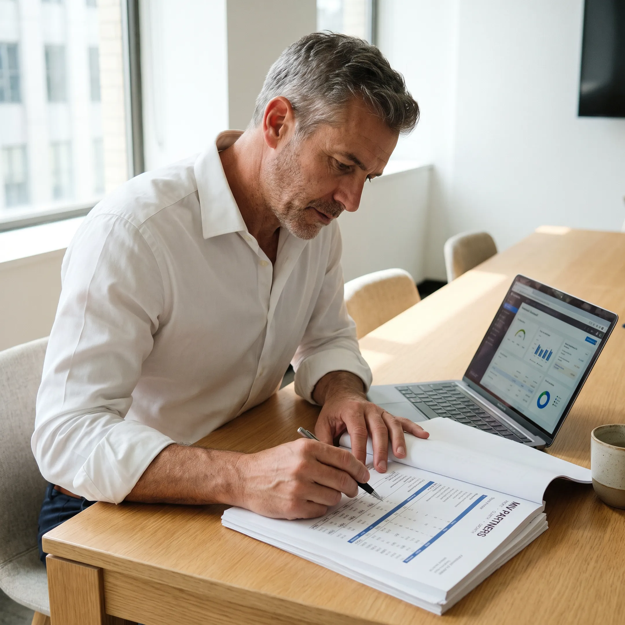 CFO advisor reviewing financial reports with a business owner