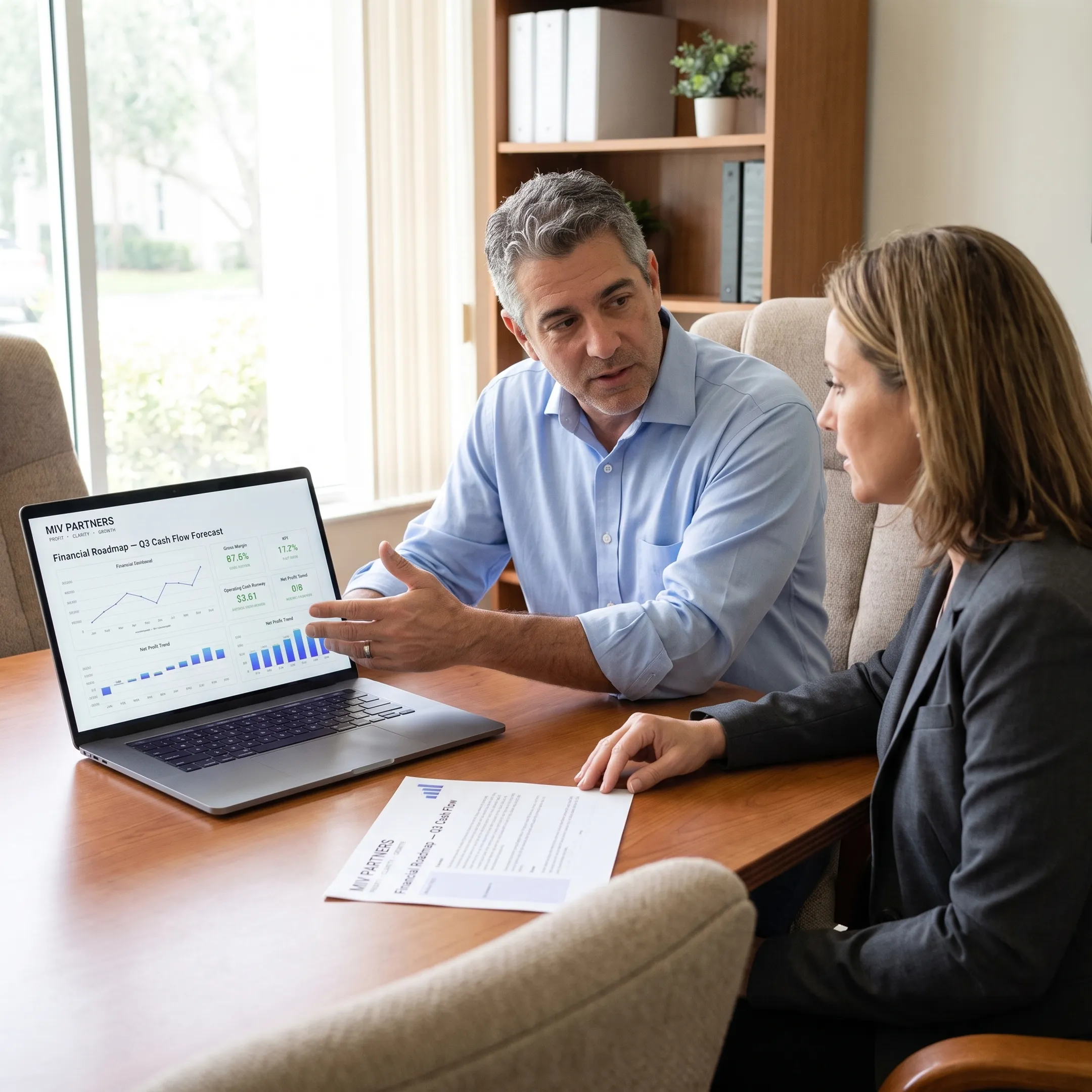 Business owner and CFO advisor discussing a financial roadmap