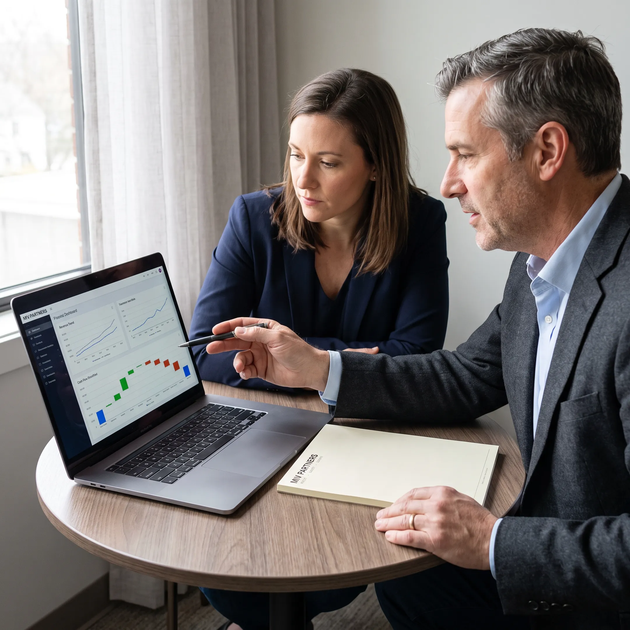 Business founder and CFO advisor discussing a financial dashboard