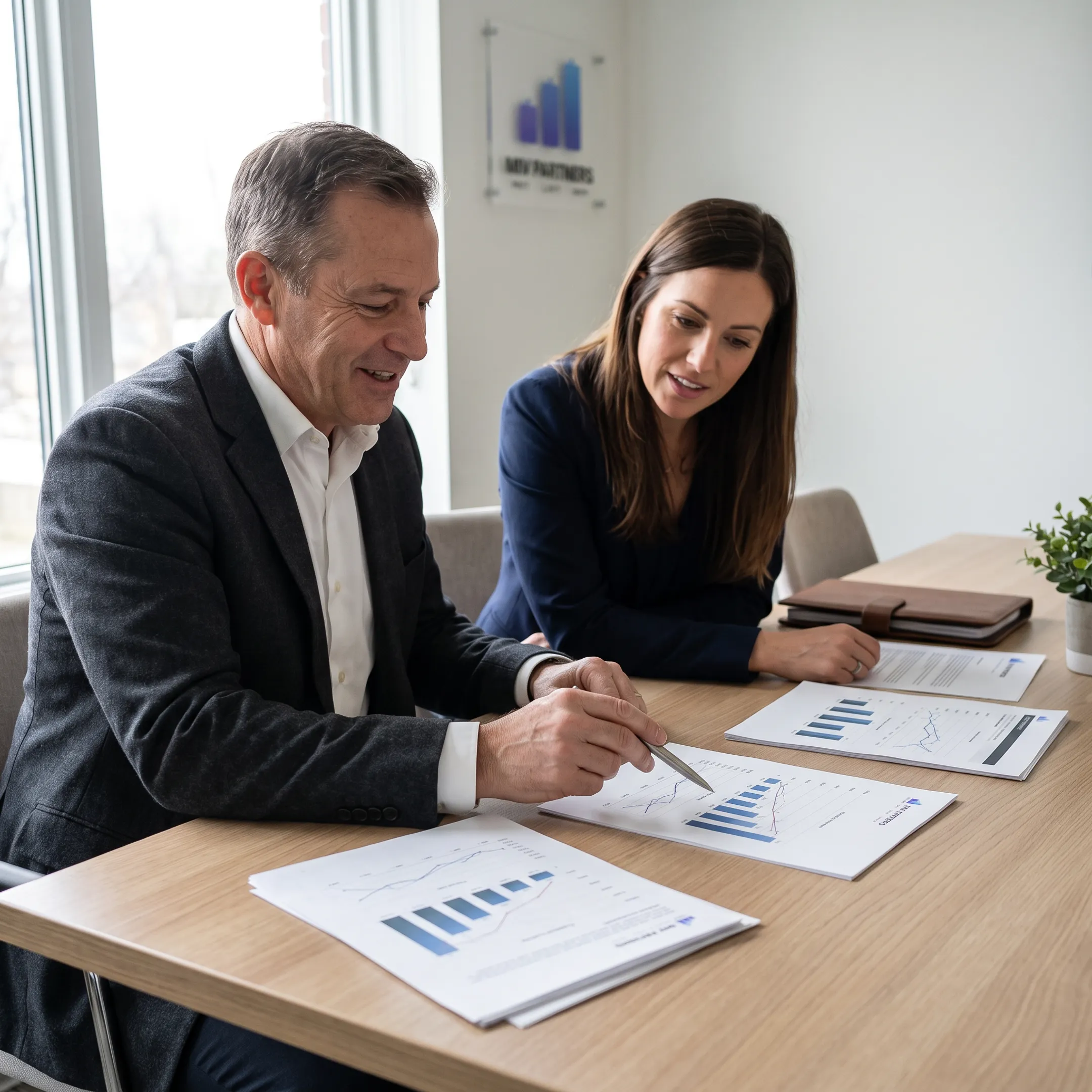 CFO advisor reviewing financial reports with a business owner