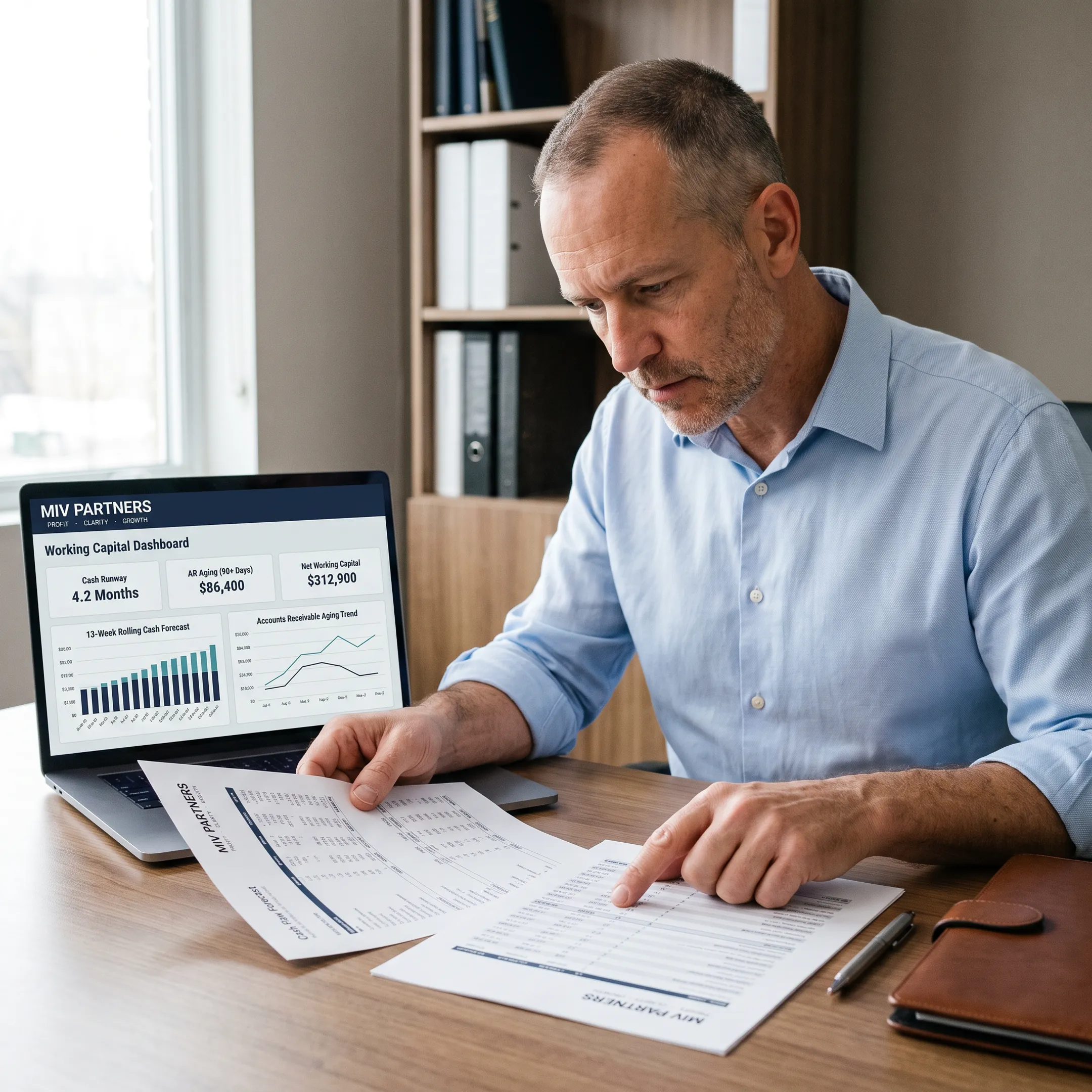 Business owner reviewing working capital metrics with a financial advisor