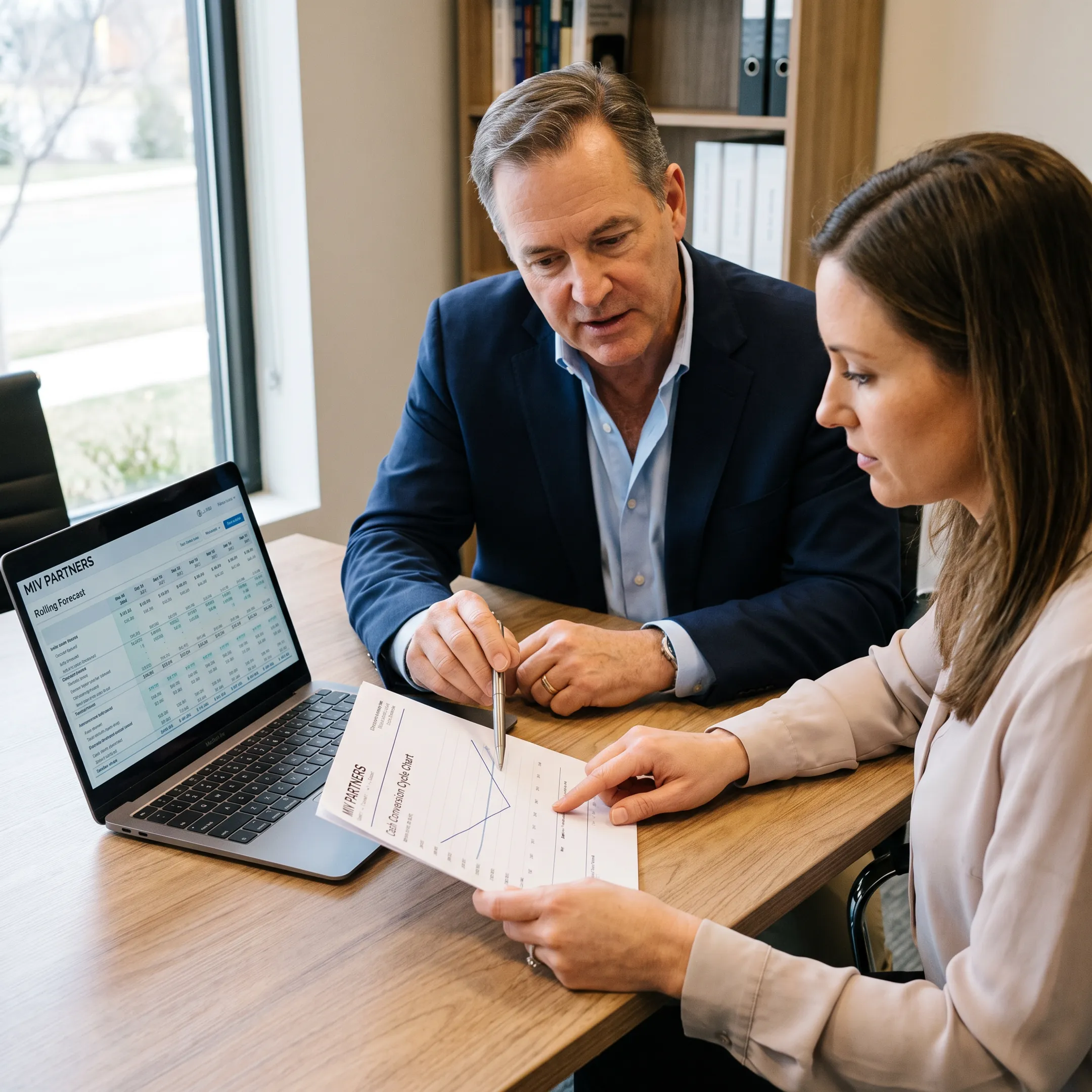 CFO advisor discussing a cash flow plan with a founder