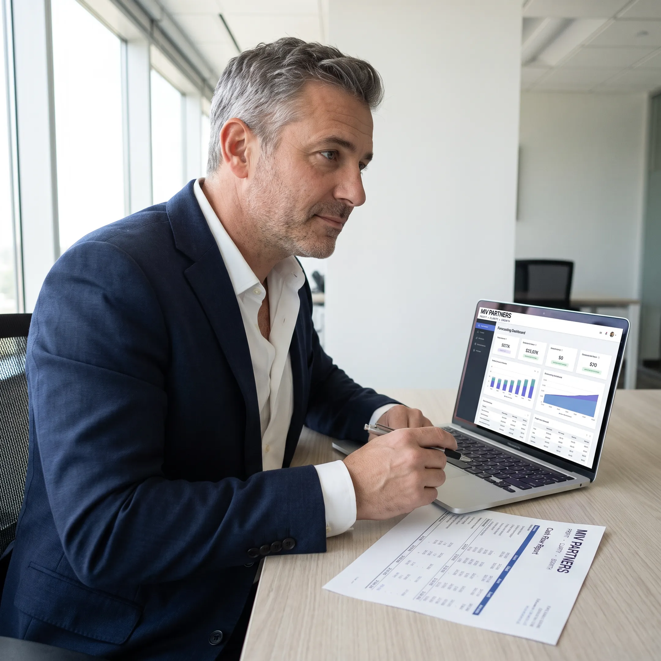 CFO advisor reviewing financial reports with a business owner