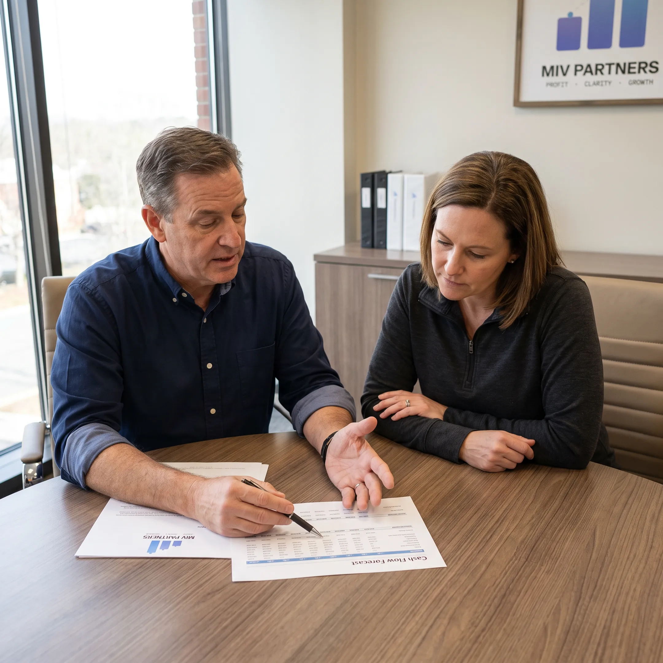Construction business owner reviewing financial plans with a CFO advisor