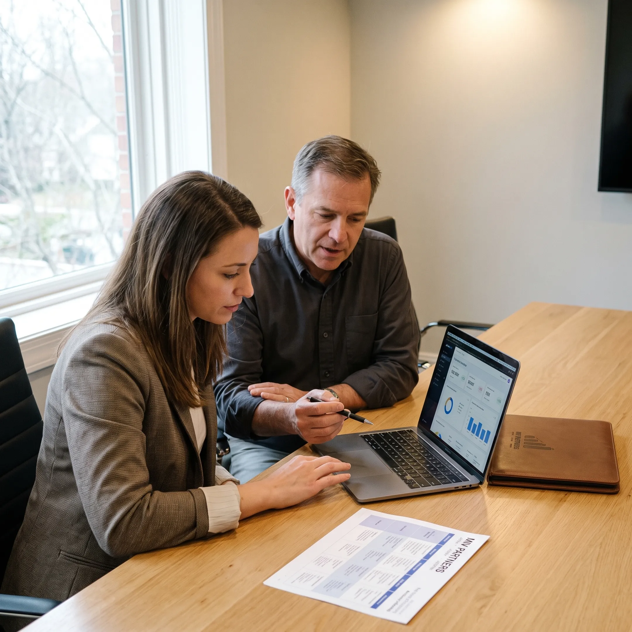 Business owner and CFO advisor reviewing a financial strategy