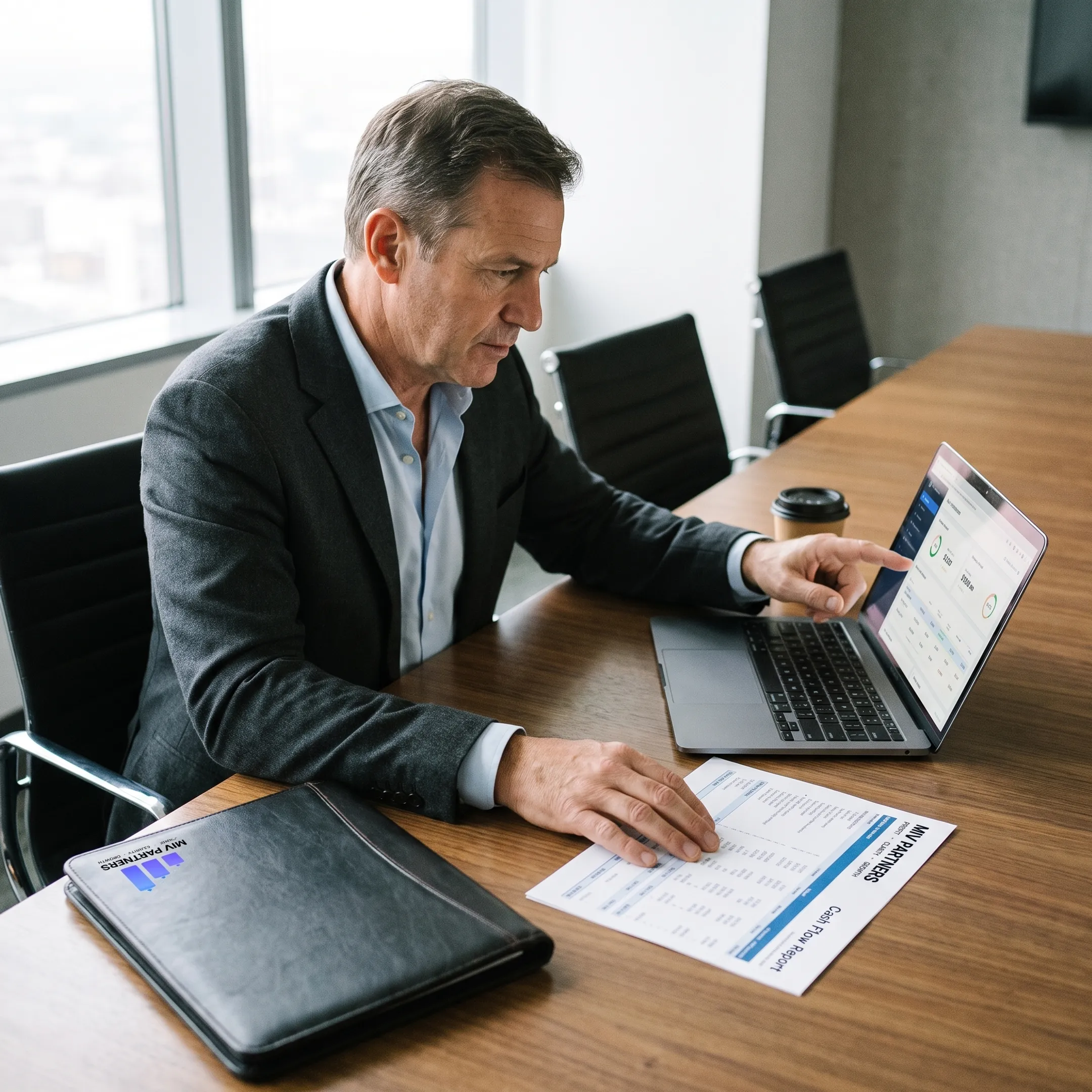 CFO advisor reviewing financial reports with a business owner