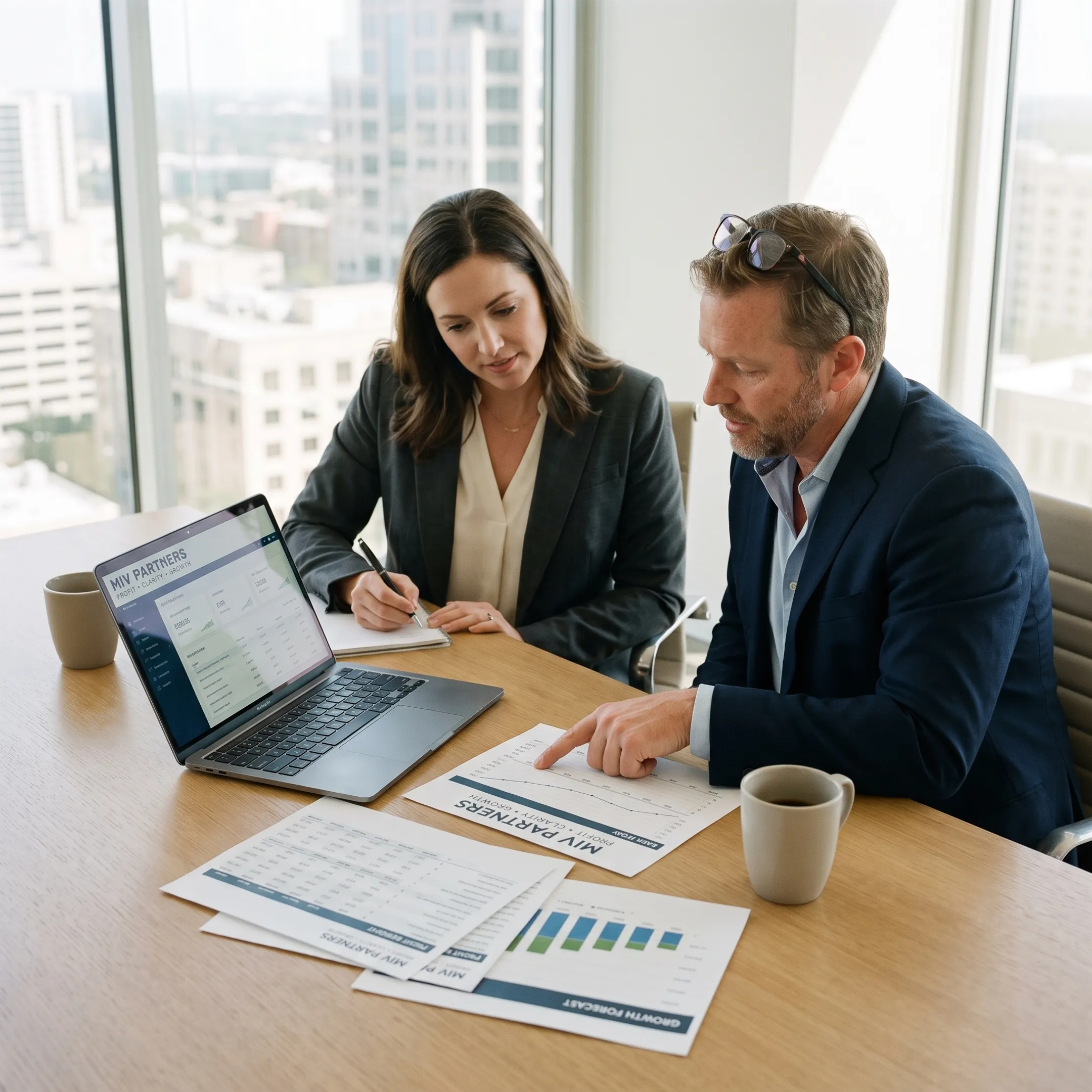 Founder reviewing financial reports with a CFO advisor