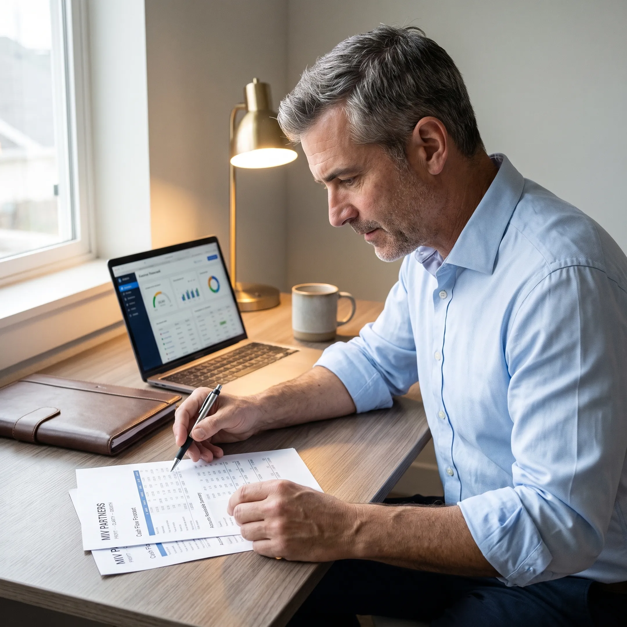 Business owner reviewing working capital reports with a CFO advisor
