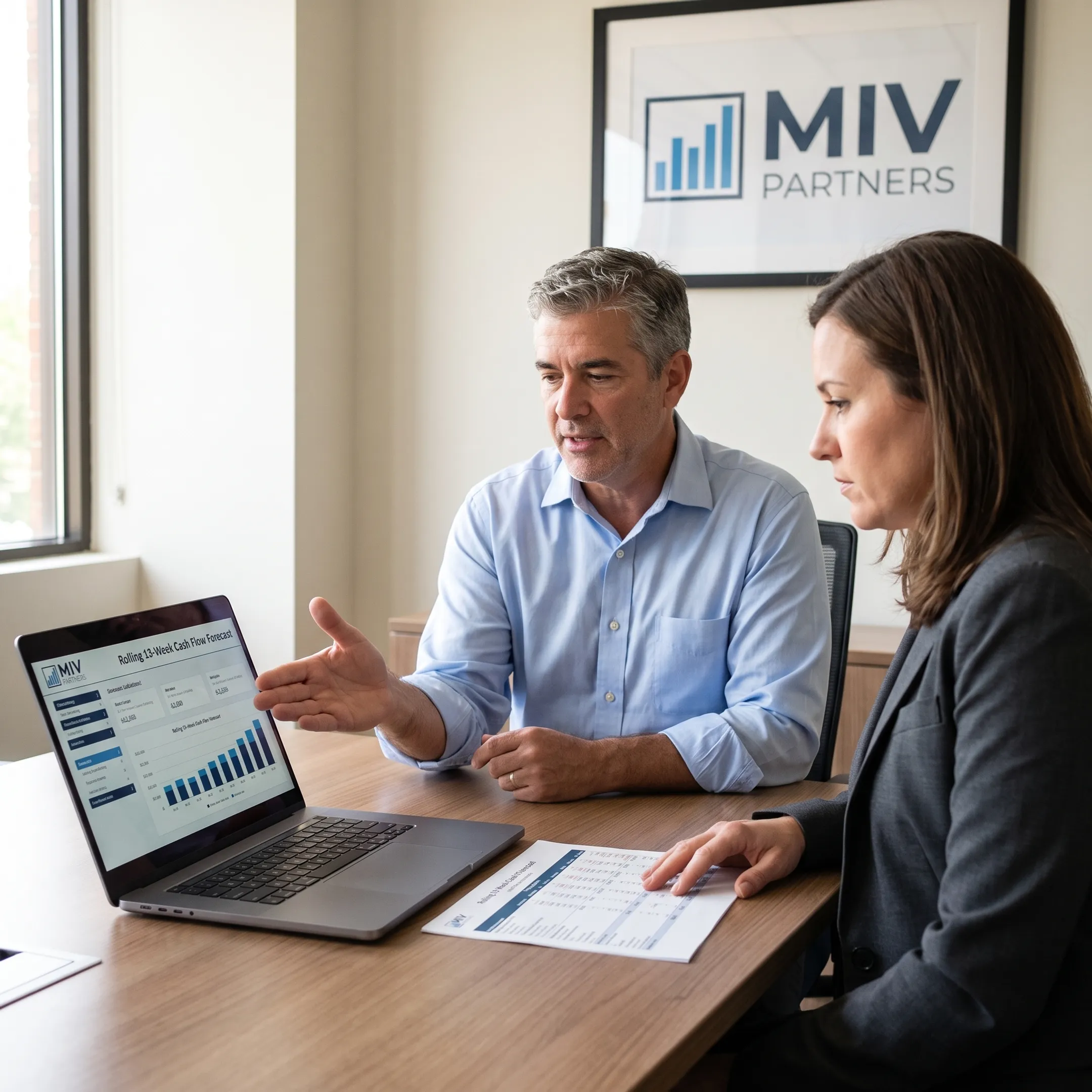 CFO advisor explaining a cash flow forecast to a founder
