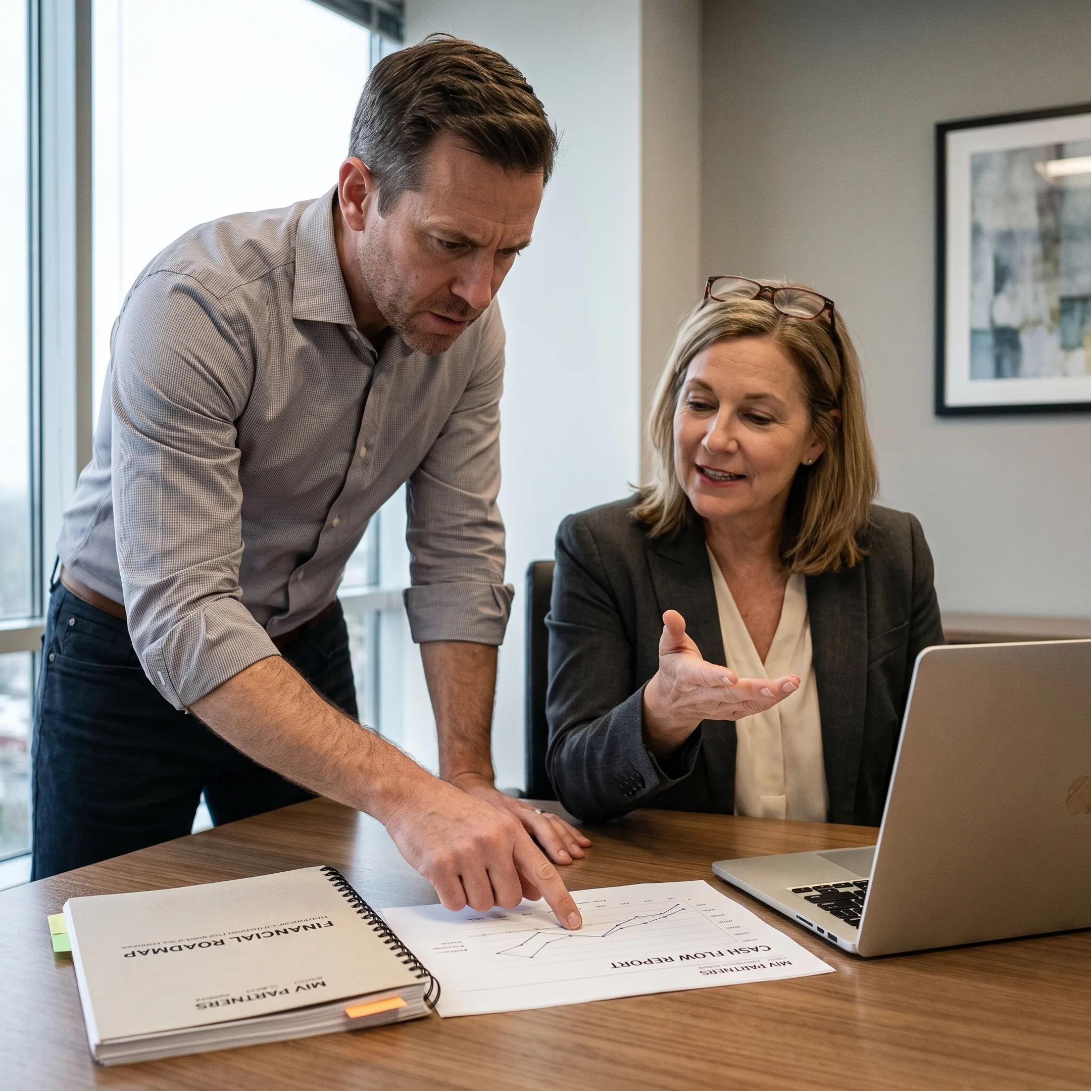 Business owner and CFO reviewing a financial growth plan