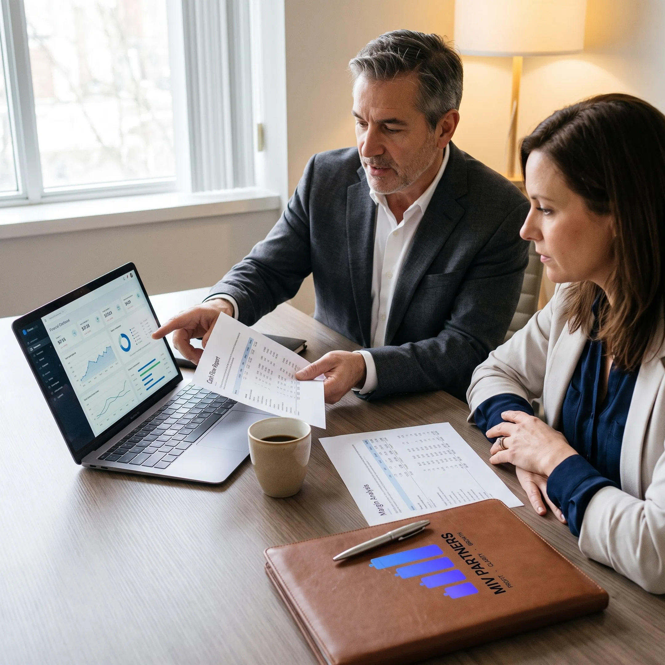Business owner and CFO advisor discussing a financial roadmap