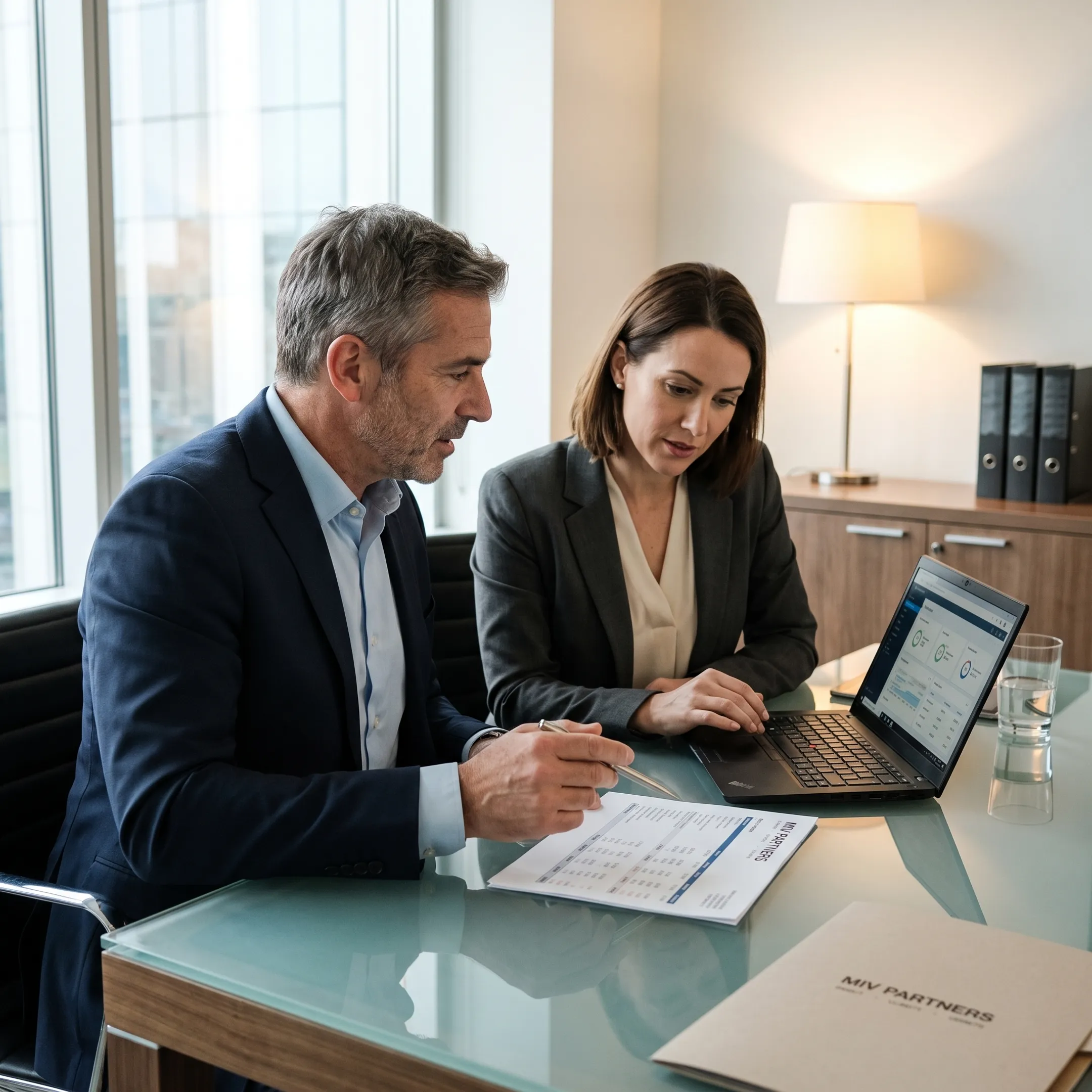 CFO advisor reviewing financial reports with a business owner