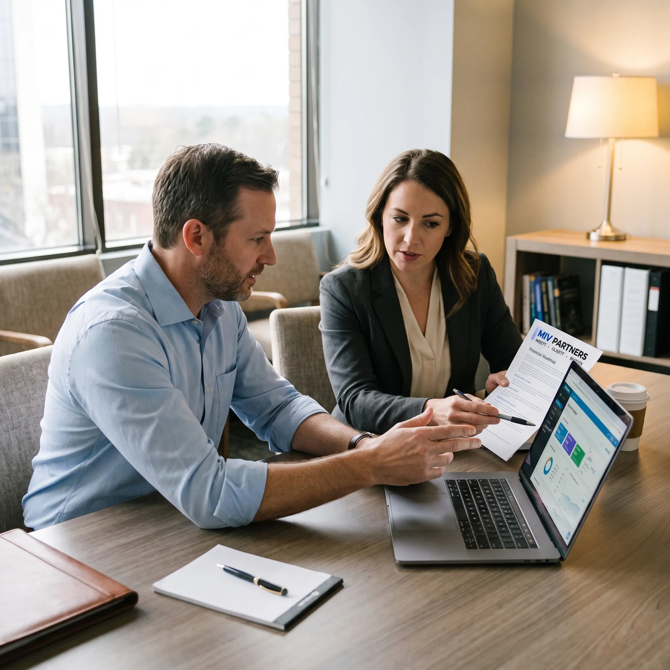 Business owner and CFO advisor reviewing a financial dashboard
