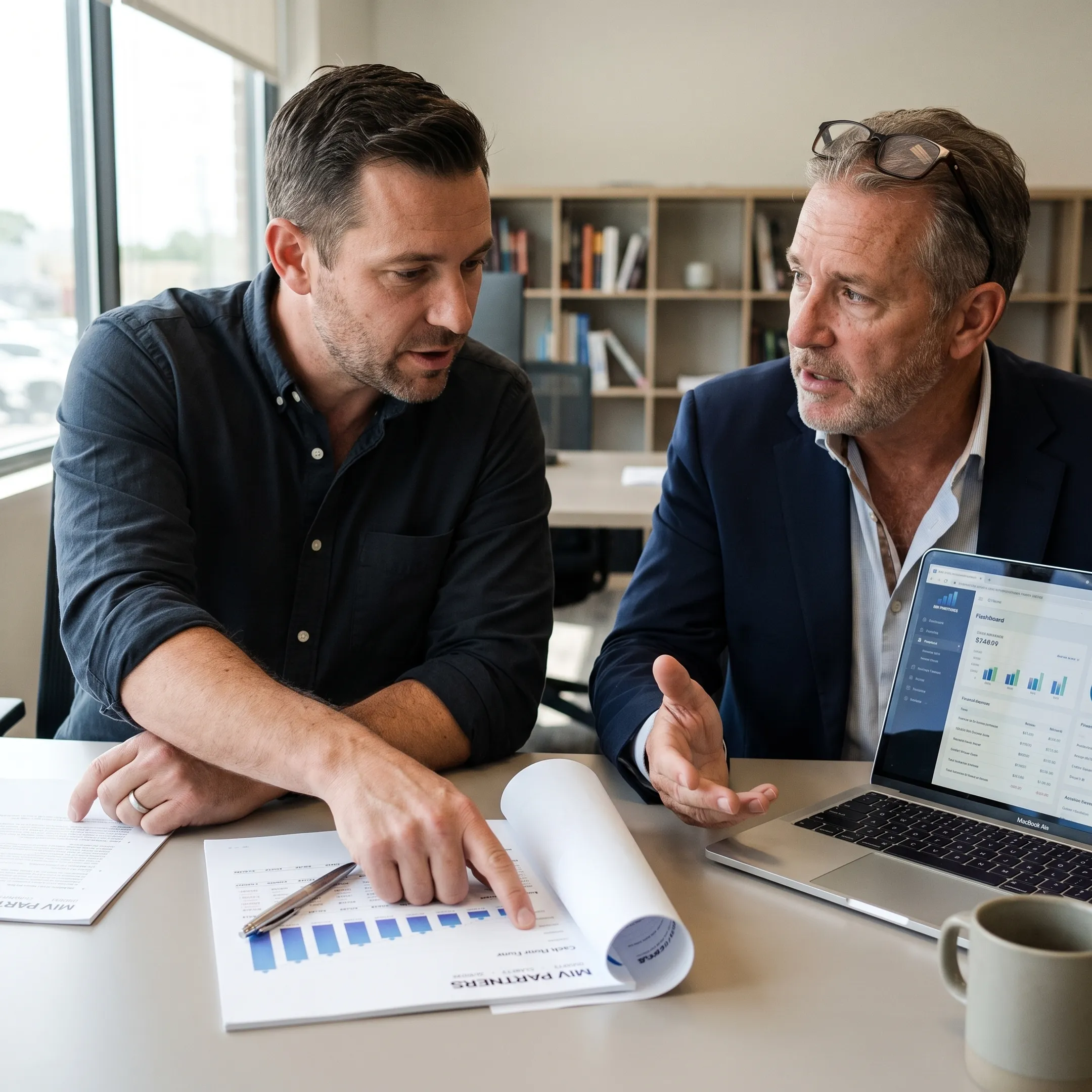 Business owner and CFO advisor discussing financial strategy