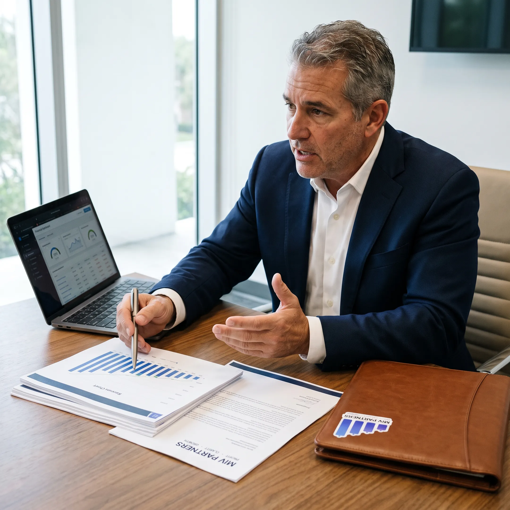 Business advisor reviewing financial reports with a founder