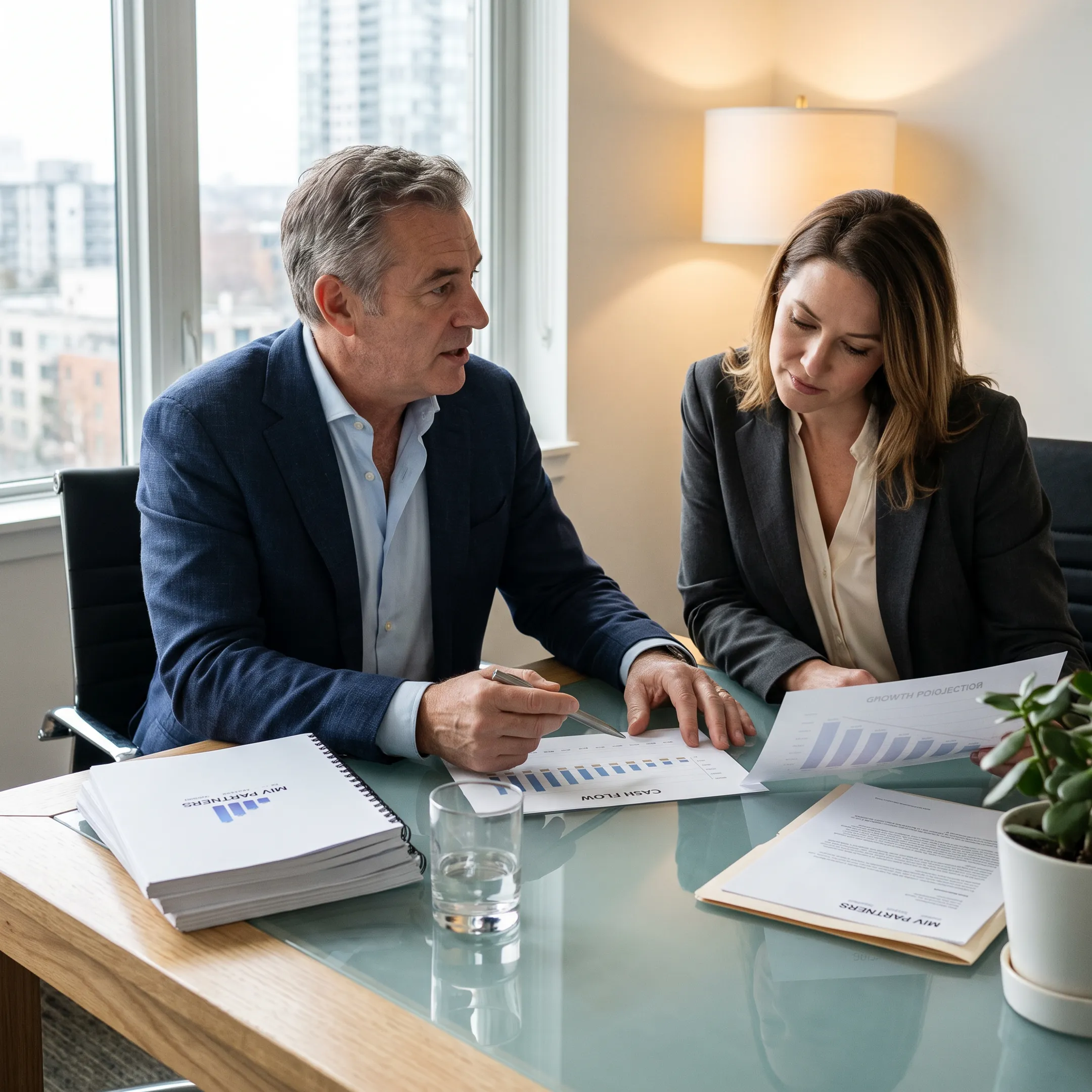 Financial consultant reviewing business performance with a founder