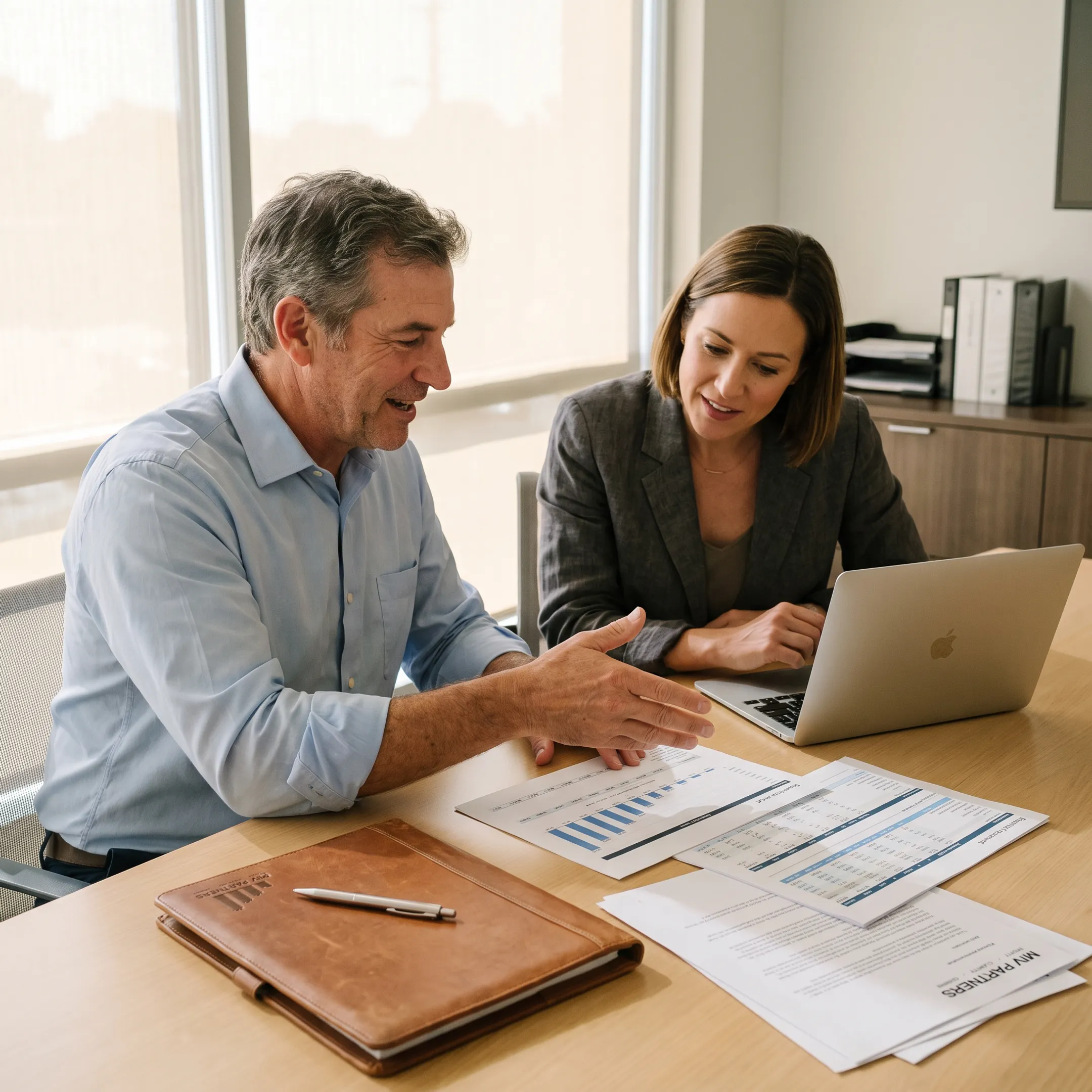 Business owner reviewing financial reports with a CFO advisor