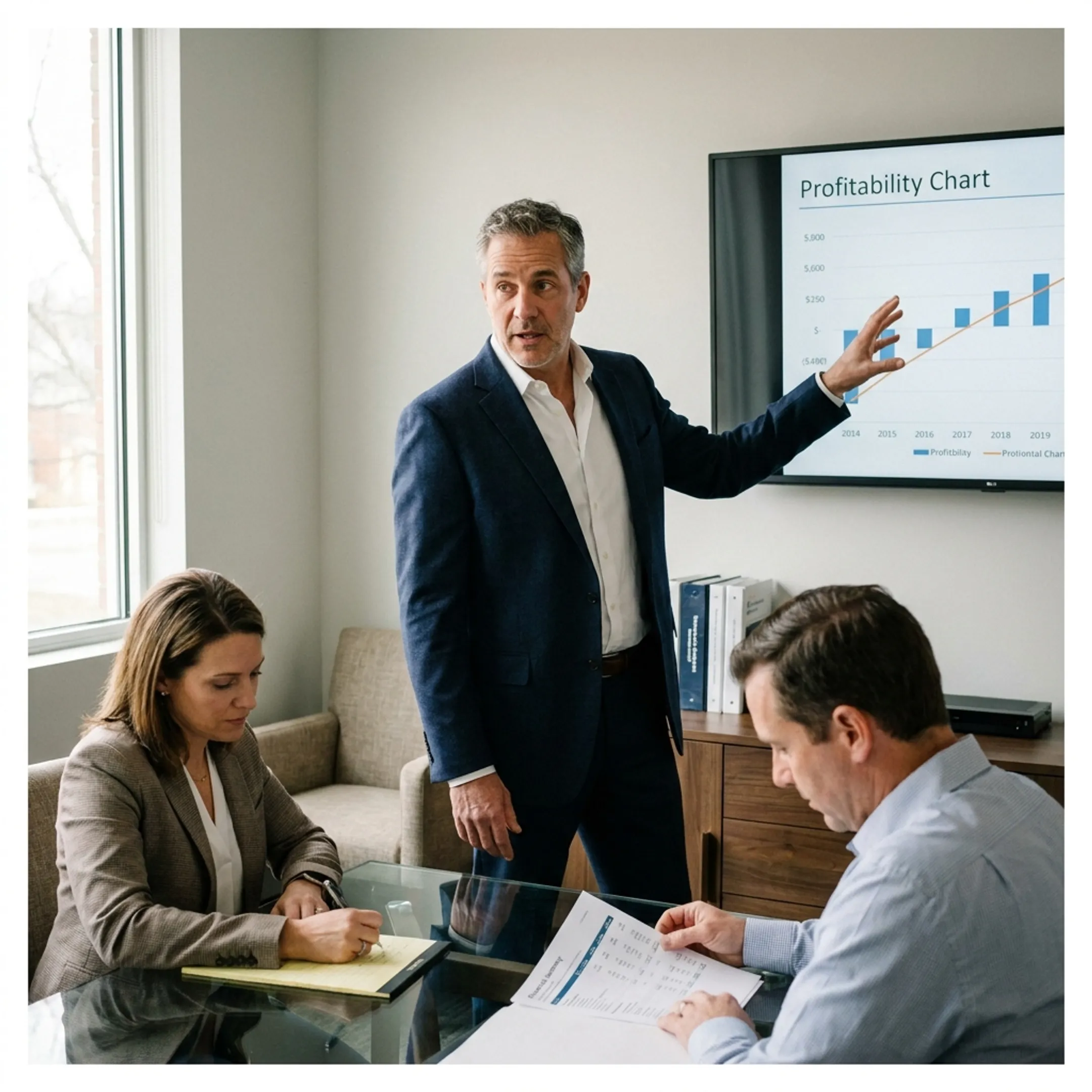 Advisor explaining financial strategy using an executive dashboard