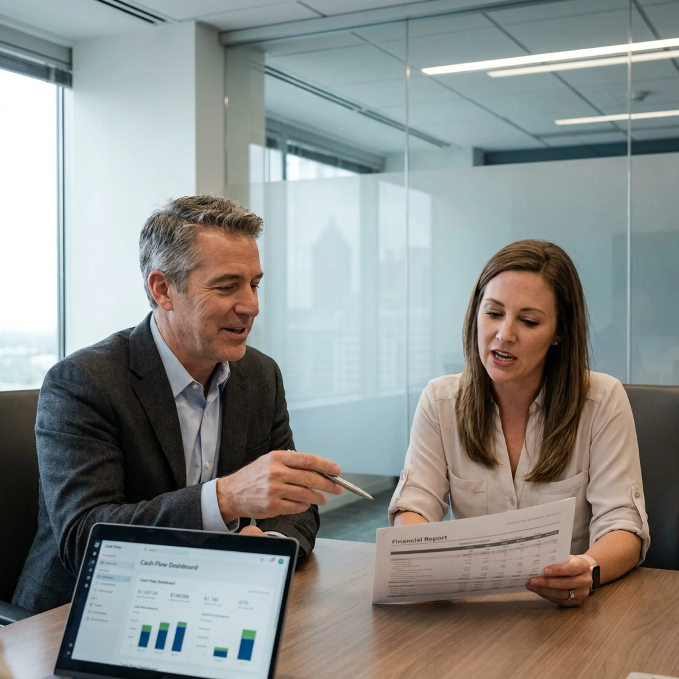 Fractional CFO reviewing business financial reports with an Atlanta founder
