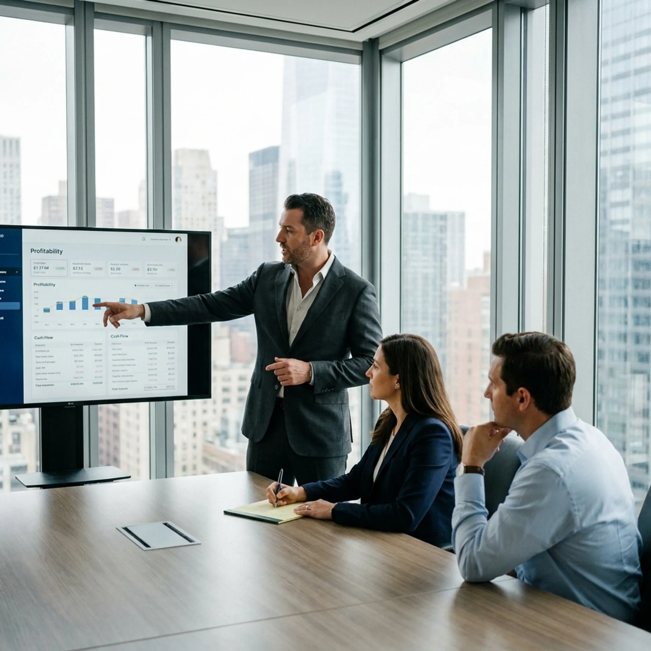 Financial advisor presenting business performance insights