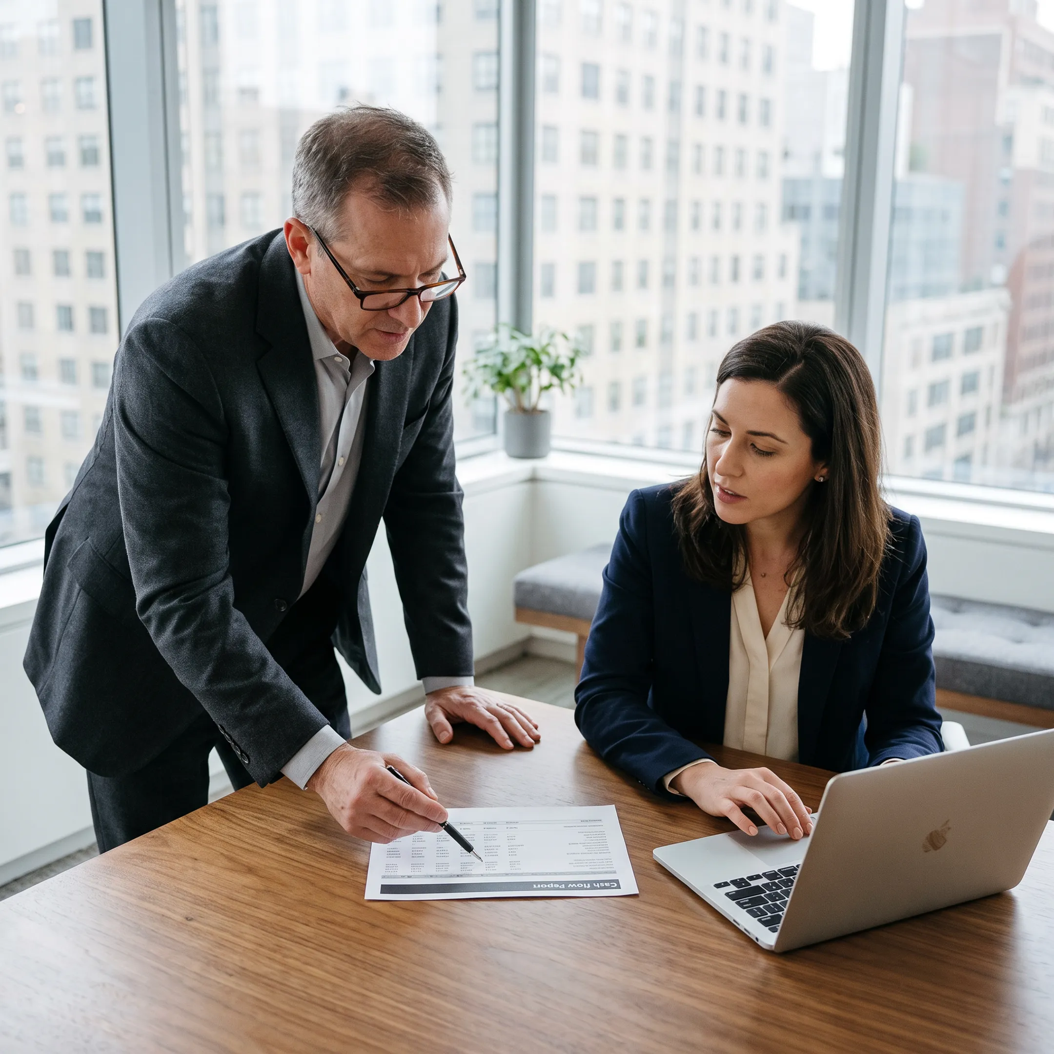 CFO advisor reviewing financial reports with a business owner