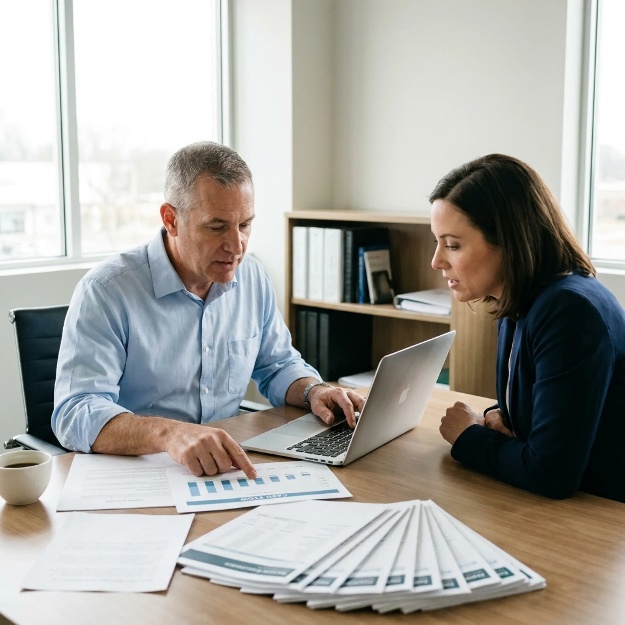 Fractional CFO reviewing financial dashboards with a business owner