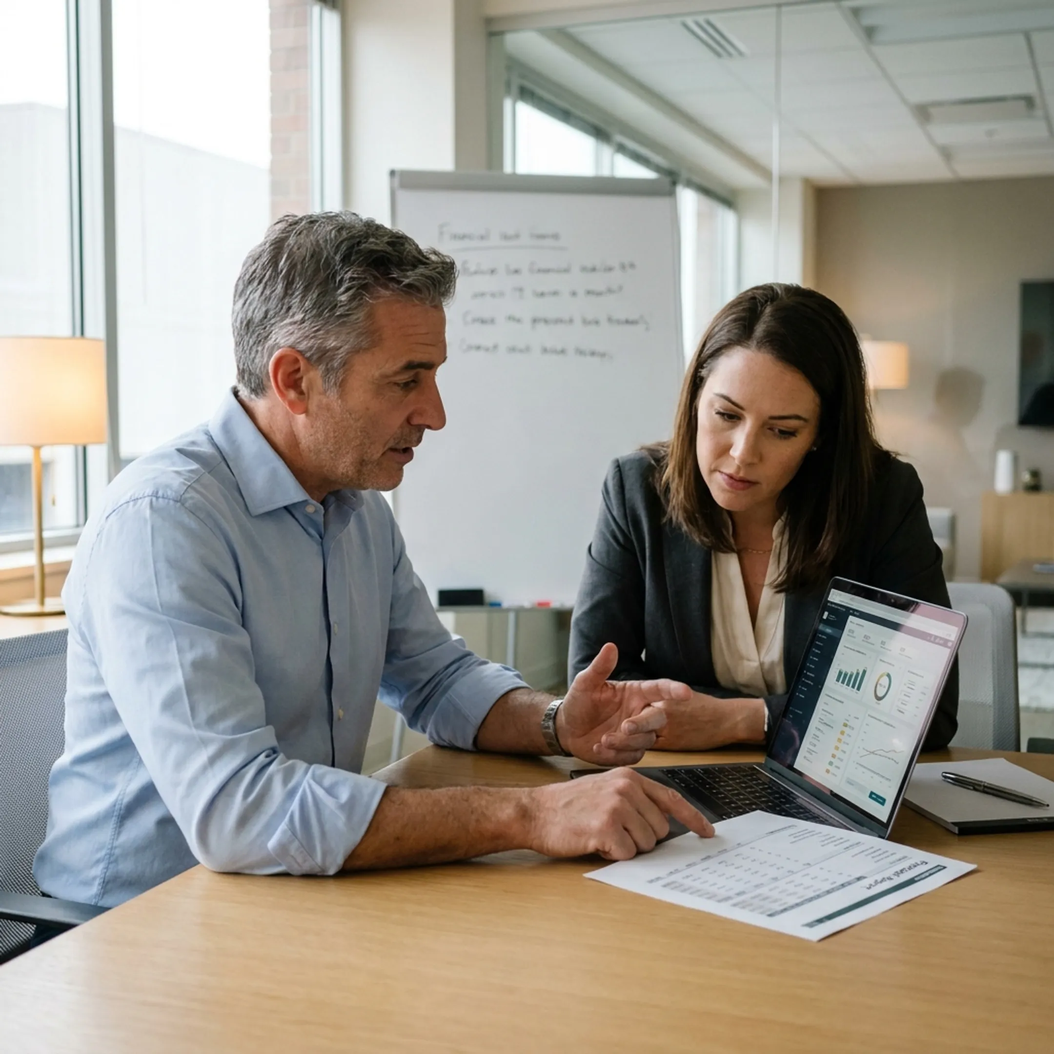 Fractional CFO reviewing financial reports with a Boulder business owner