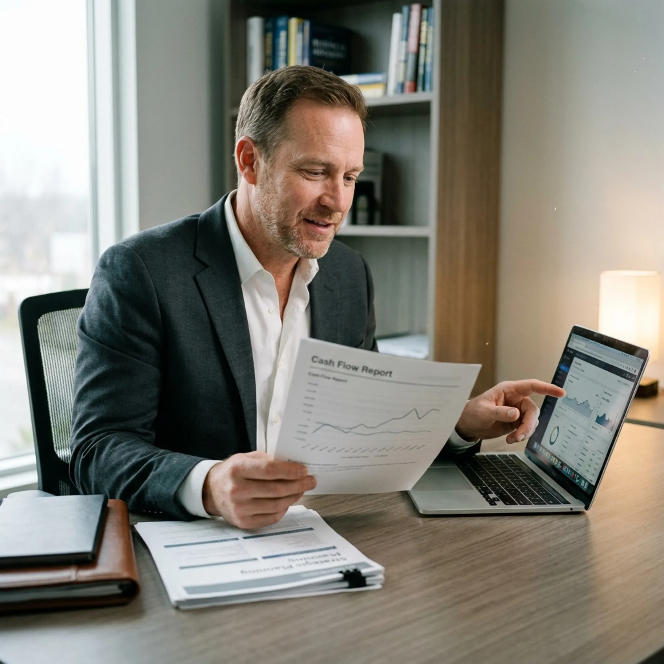 Advisor reviewing financial reports with a Virginia business owner