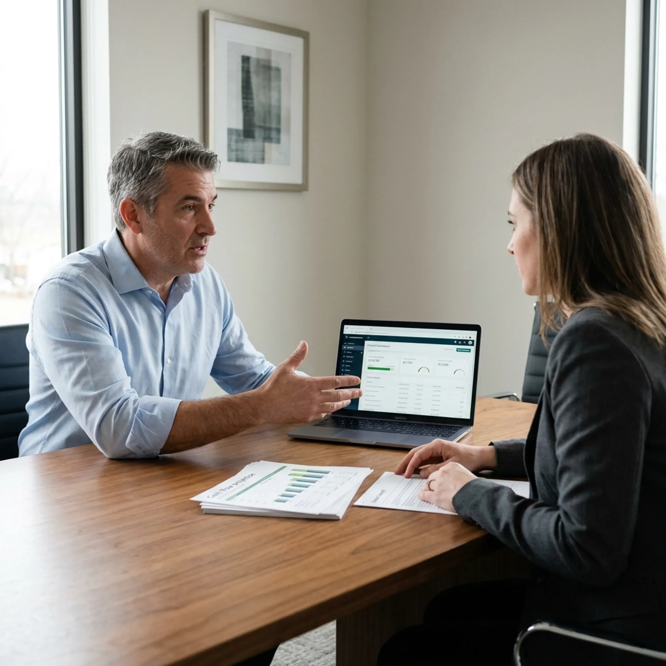 Advisor explaining financial performance dashboard to business founder