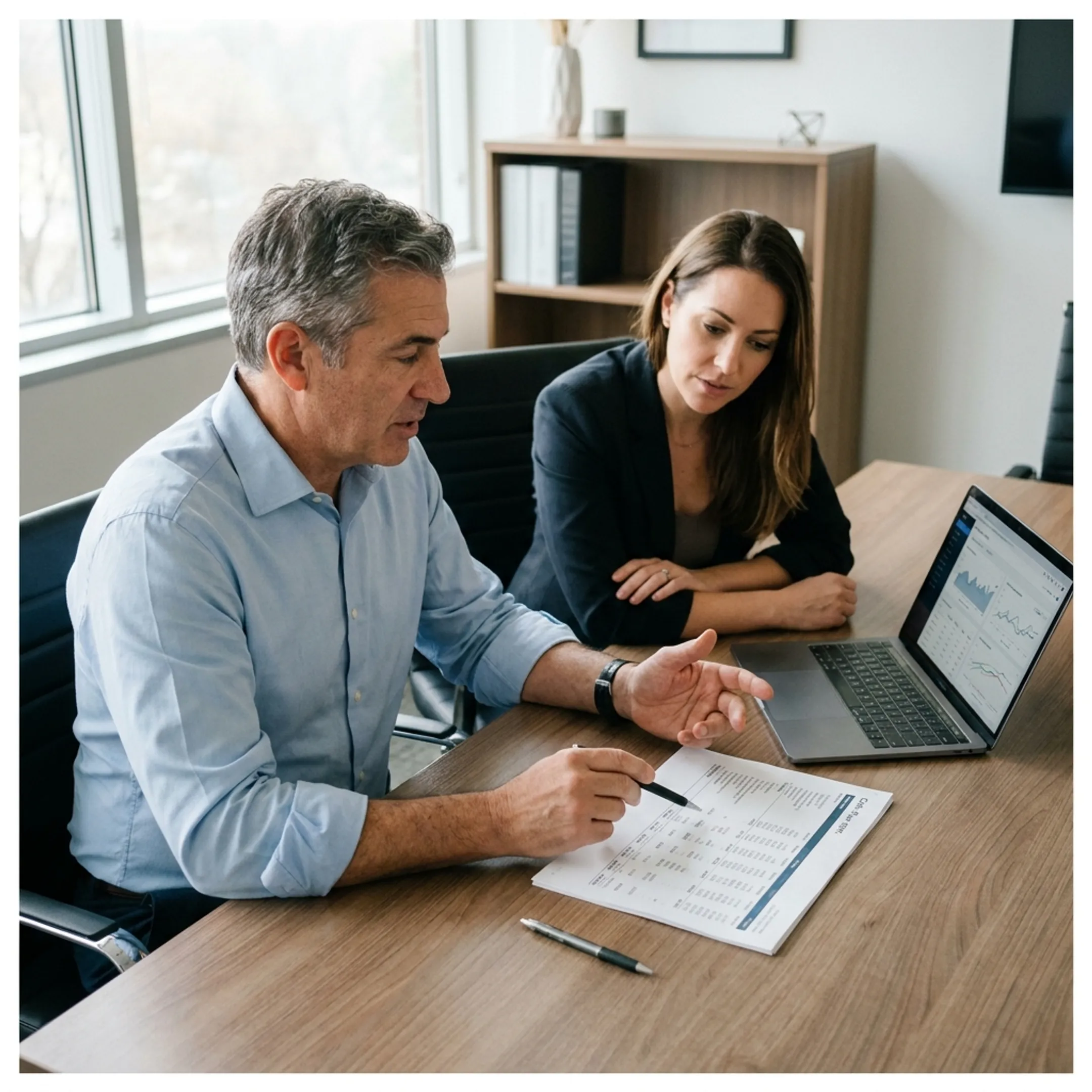 CFO advisor reviewing financial reports with a business owner