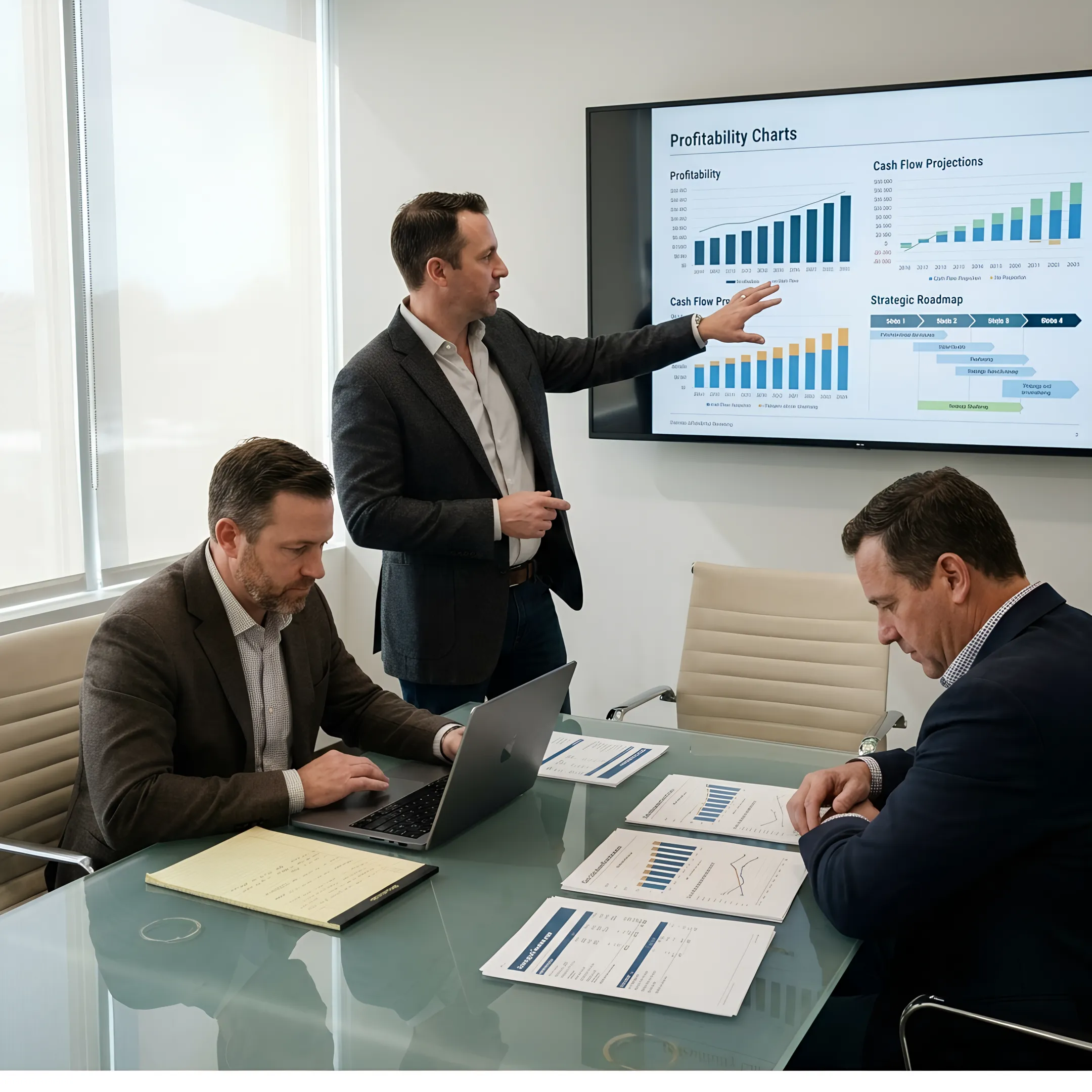 Advisor explaining financial strategy using an executive scorecard
