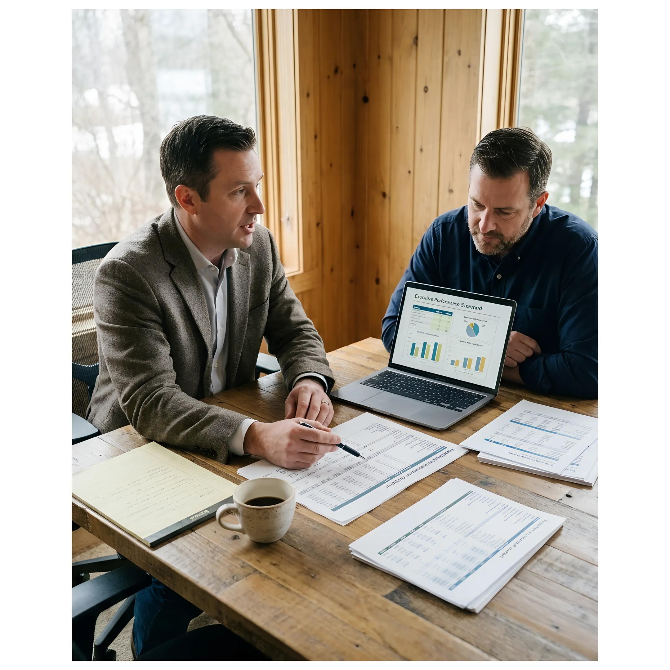 Advisor explaining financial performance executive scorecard to business founder