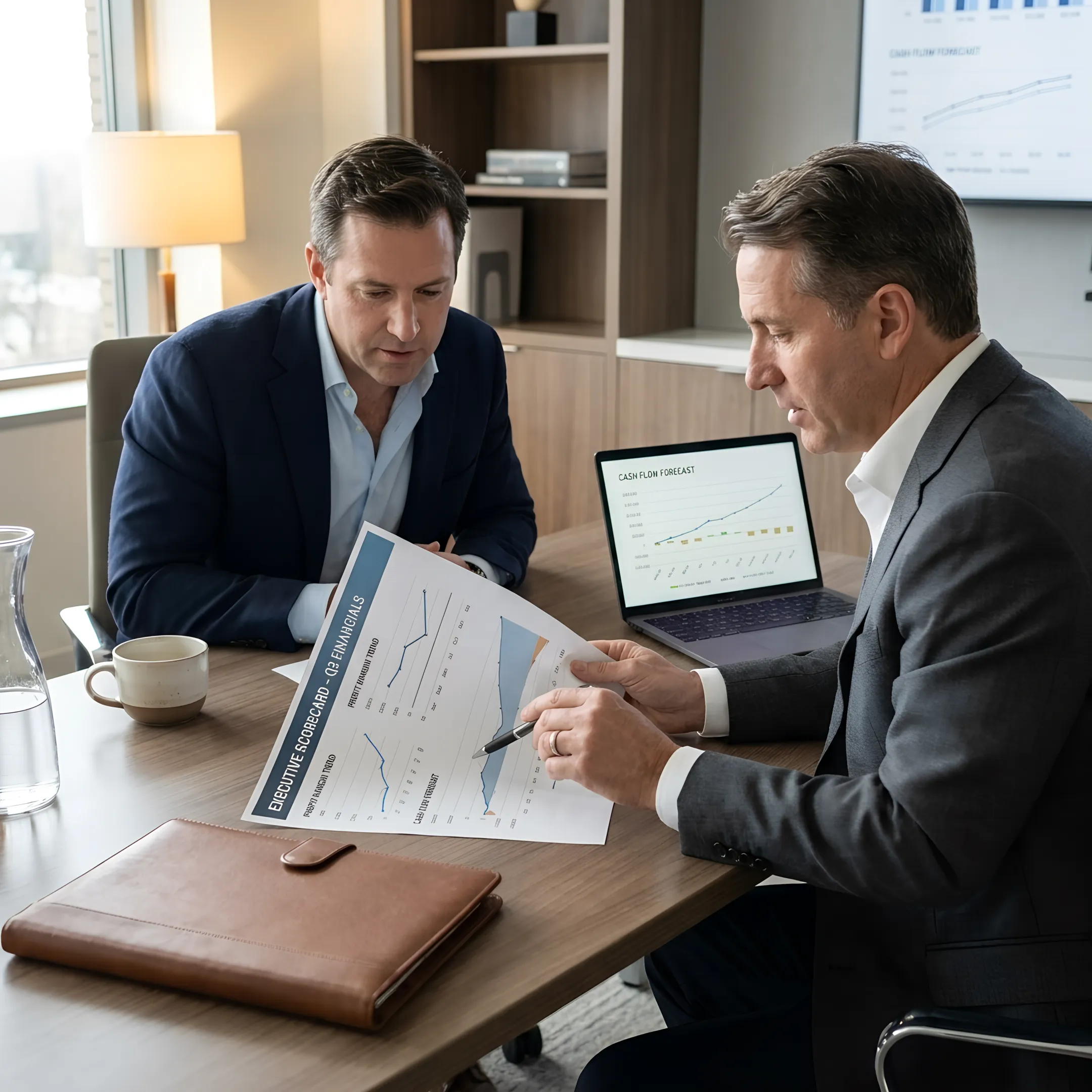 Founder and CFO advisor reviewing a executive scorecard