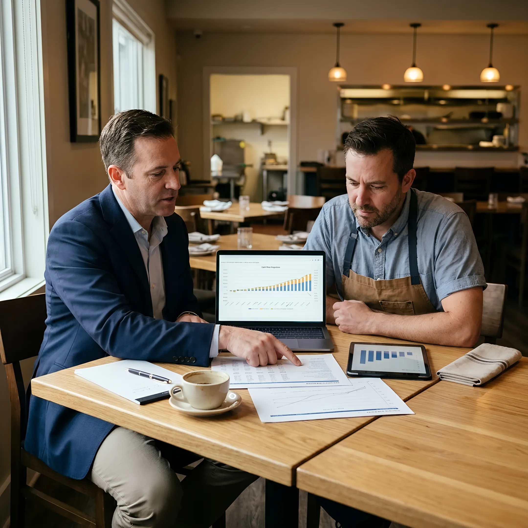 CFO advisor discussing restaurant financial strategy with an owner
